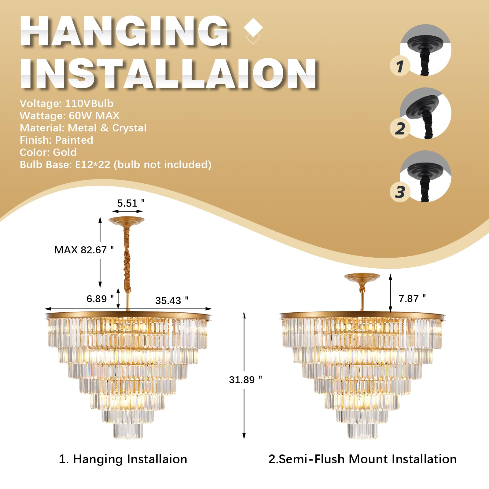 Brfaixla 7-Tiers 22 Lights Gold Crystal Chandelier stylish 35.46 Modern Contemporary Crystal Pendant Ceiling Lighting Crystals Light Fixture For Living Room Hotel Lobby Restaurant Foyer High Ceiling