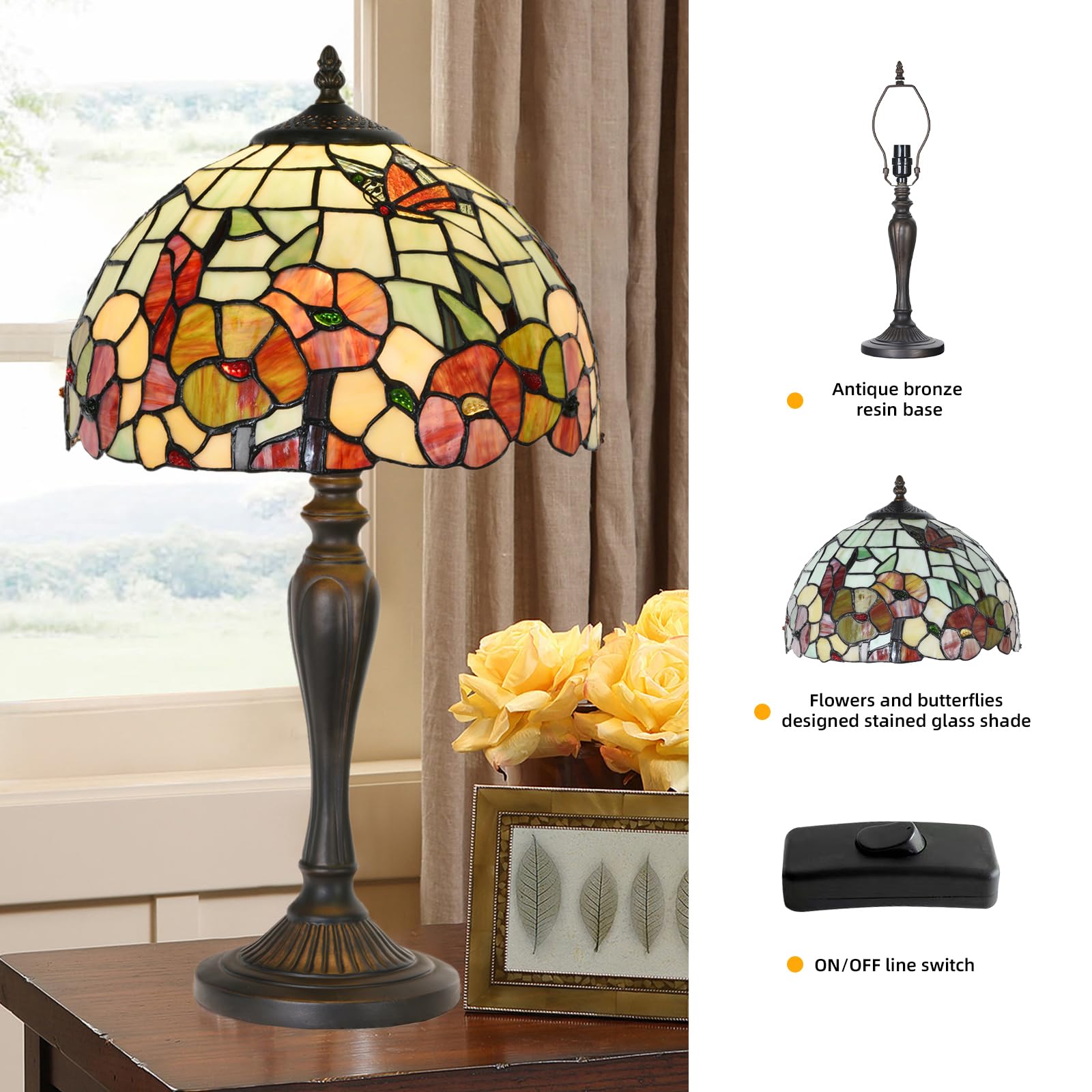 Homebeauty Tl0002 Tiffany Traditional Tiffany Style Table Lamp 21.5'' High Blossoming Antique Stained Glass Lamp For Living Room