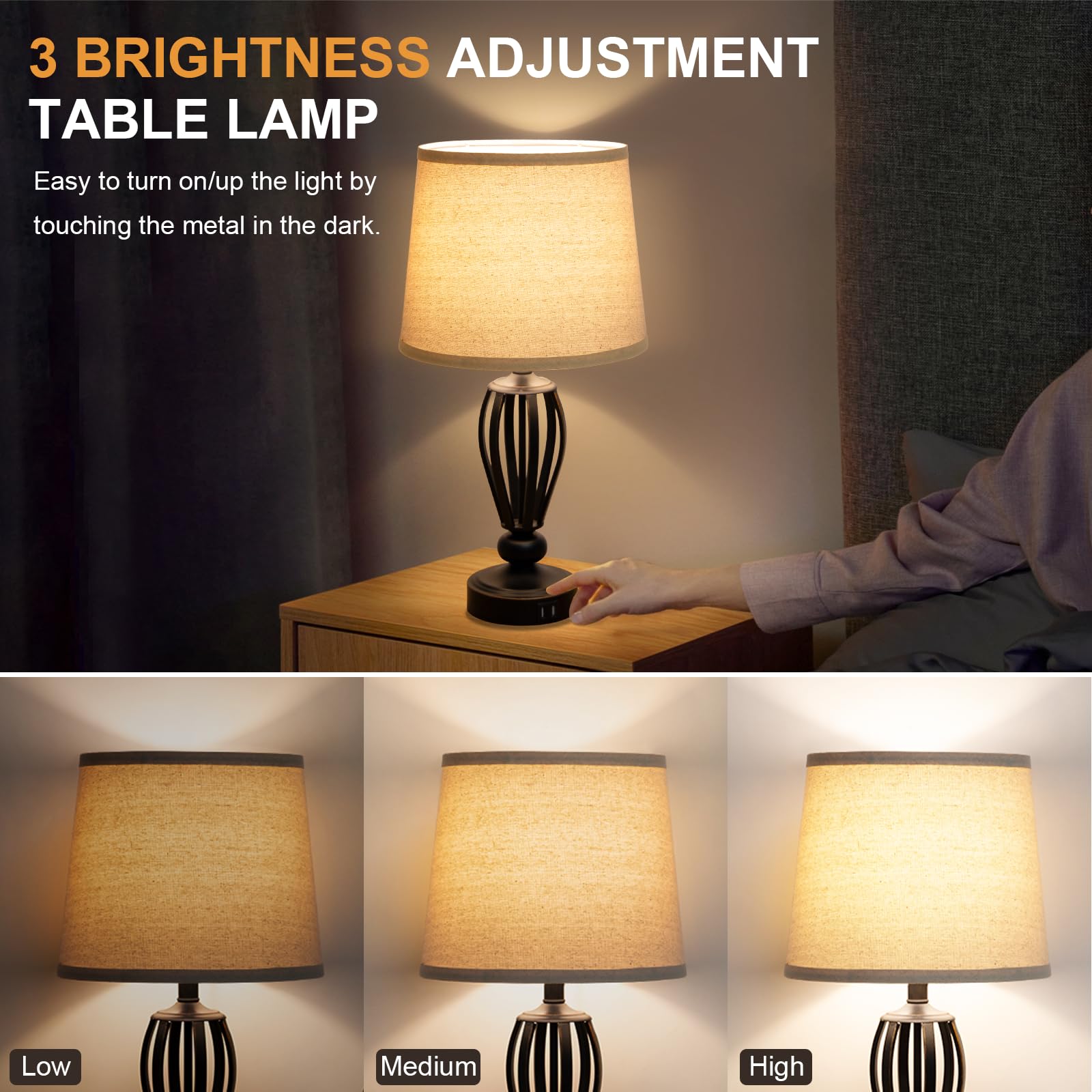 Seaside Village USB Bedside Lamp, 3-Way Dimmable, Black Metal Base, Beige Shade, Model S-FS-USB, Ideal for Bedroom, Living Room, Office