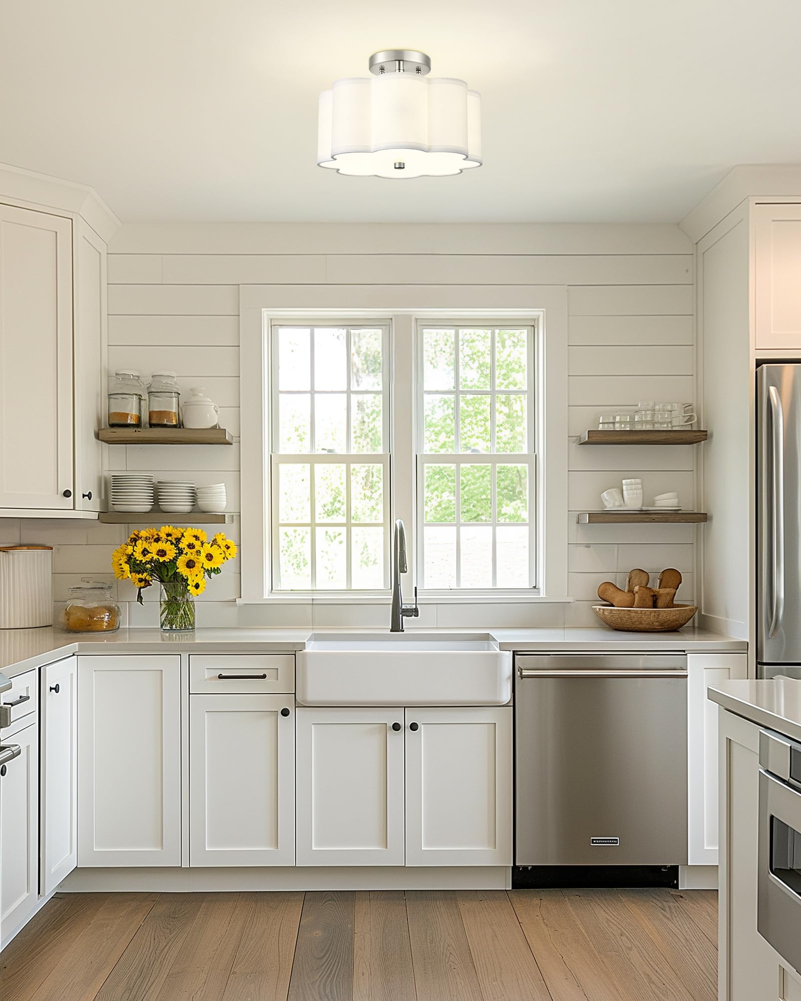 Audickic Semi Flush Mount Ceiling Light, 3-Light 13'' Ceiling Light Fixtures With Fabric Shade In Flower Shape, Brushed Nickel C