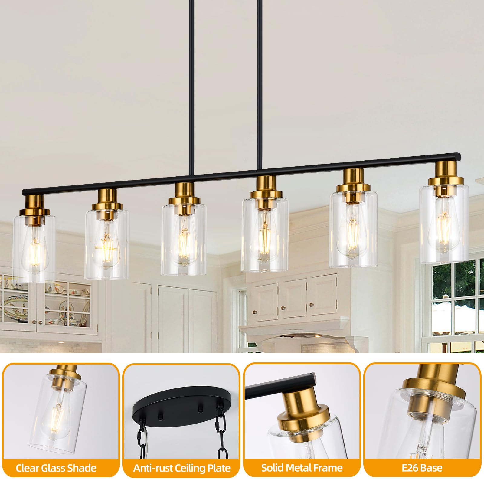 Kpiok Island Light For Kitchen, 6-Light Farmhouse Dining Room Light Fixture With Clear Glass Shade, 44.3'' Matte Black And Gold Linear Chandelier Pendant Lighting For Dining Table Kitchen Living Room
