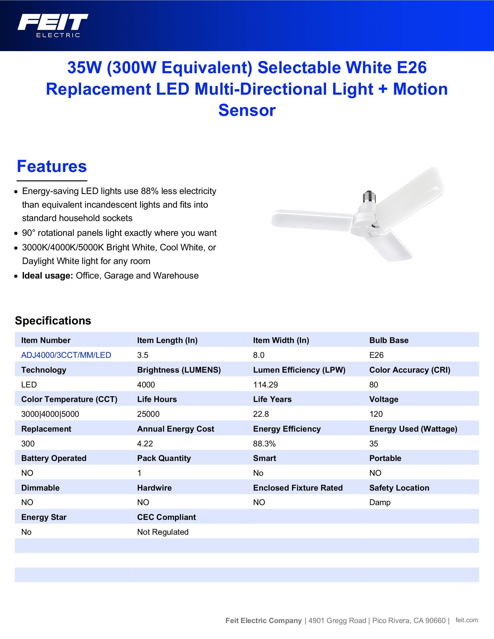 Feit Electric LED Motion Sensor Light Panel, 300W Equivalent, 3 Panels, 5000K Daylight, Model ADJ4000/3CCT/MM/LED, 4000