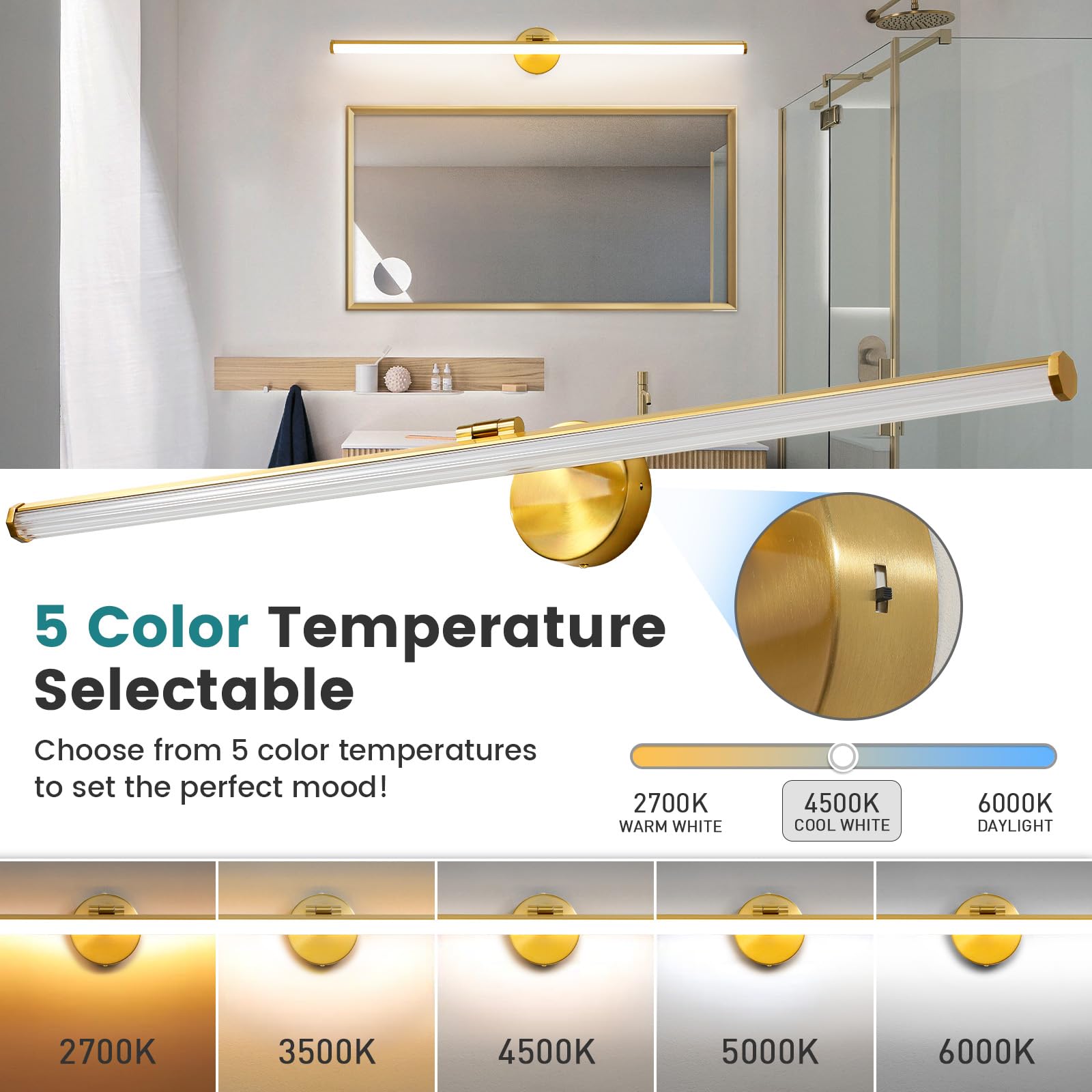 Kaisite Gold Vanity Light 39 Inch Modern Bathroom Light Fixture Over Mirror 24W Dimmable 5Cct Led Vanity Light For Bathroom Rest