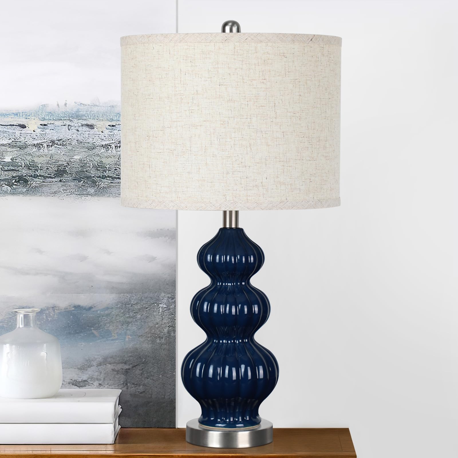 25'' Ceramic Table Lamp Navy Blue Triple Gourd Ceramic Lamp Table Lamp Modern Lamp For Bedroom Living Room, 3-Way Dimmable Bulb
