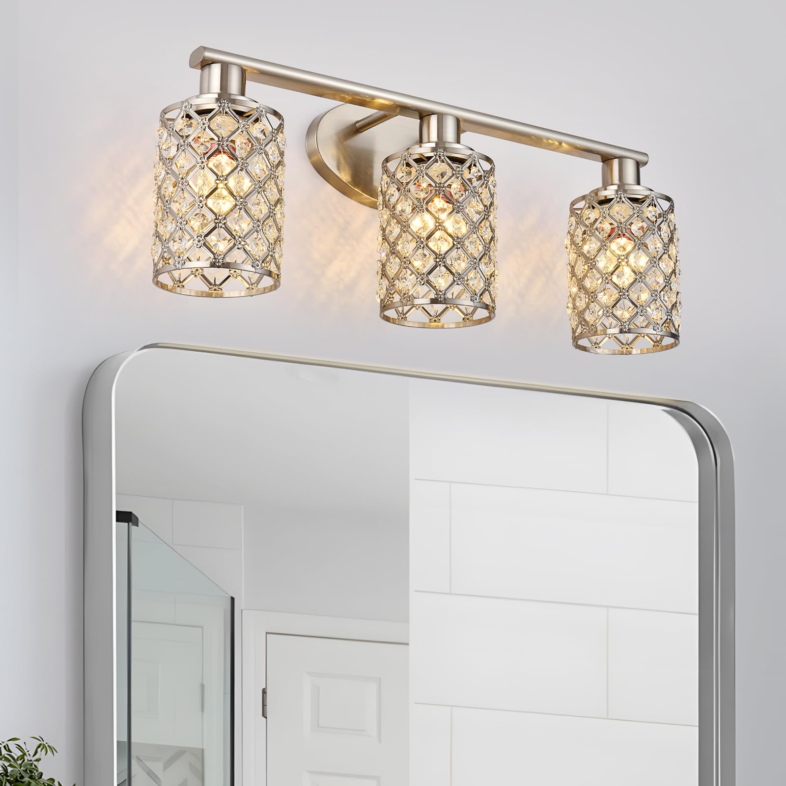 3 Light Bathroom Light Fixtures, Modern Farmhouse Vanity Light,Brushed Nickel Bathroom Lights Over Mirror,Crystal Vanity Lighting Fixtures For Bathroom,Powder Room