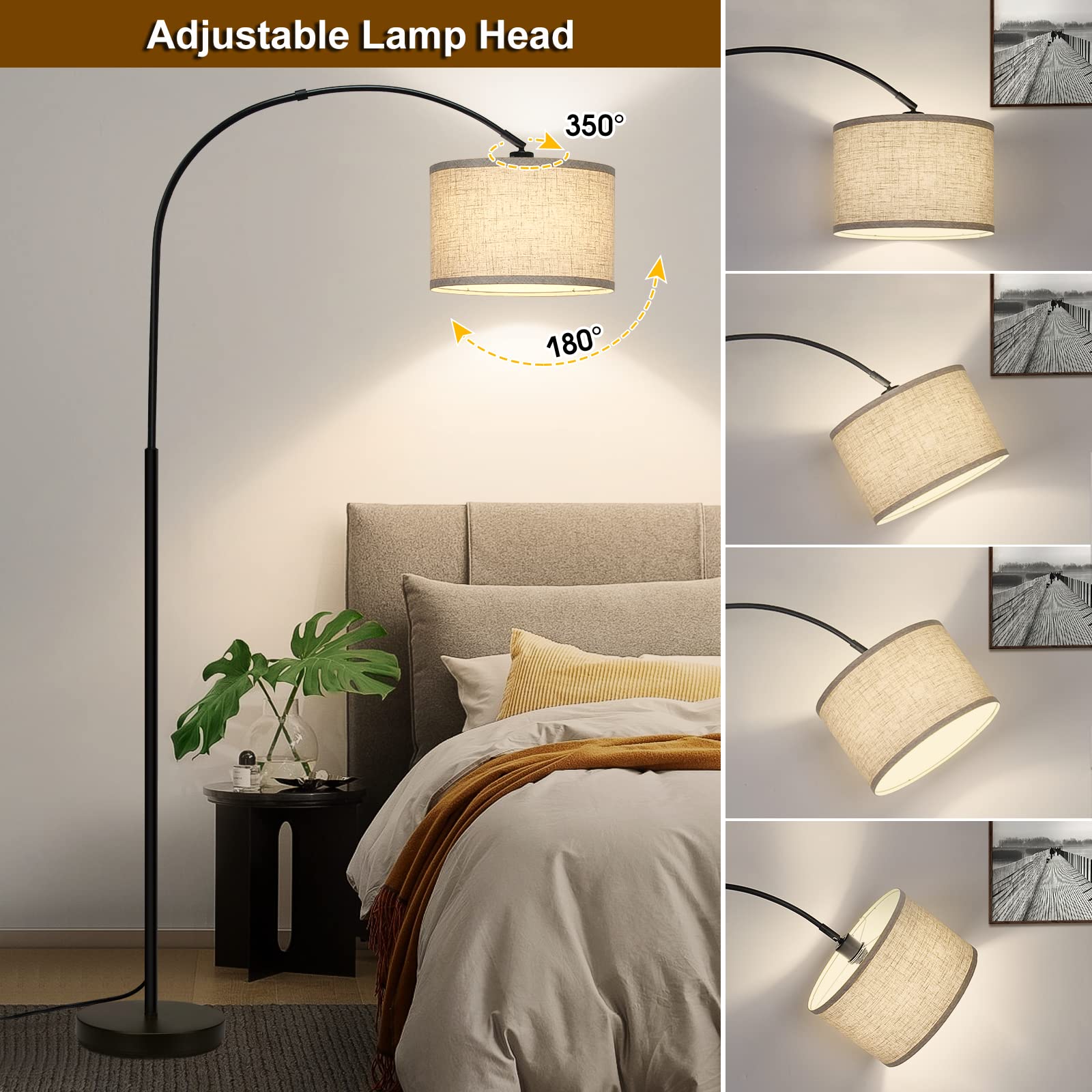 Seaside Village Arc Floor Lamp - Modern Black Metal Standing Light with Adjustable Drum Shade, Foot Switch,  Tall Design for Living Room and Office