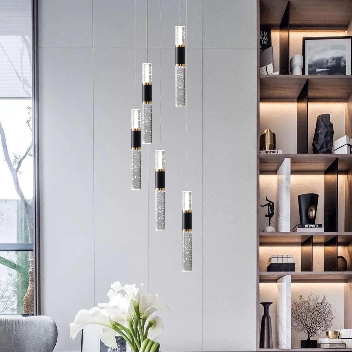 Embring 5-Light Modern Pendant Lights Kitchen Island Lighting Fixture,Dimmable Mordern Led Pendant Light With Remote,Black Gold Pendant Light Modern With Bubble Crystal Pendant Light