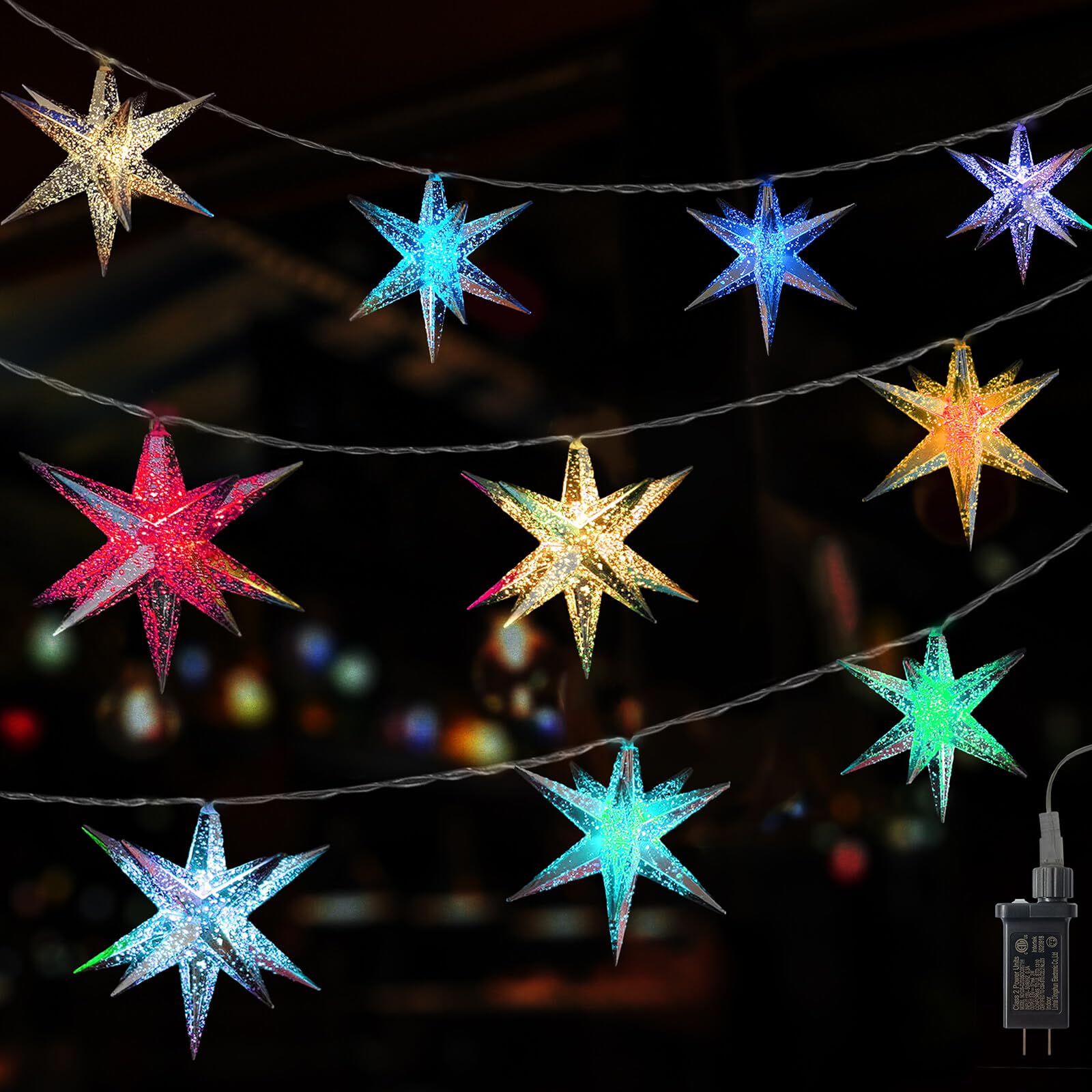 Leejec Moravian Star Light, RGB Color Changing, Plug in LED String Fairy Lights, 10 Silver Stars, Christmas Decorations for Home