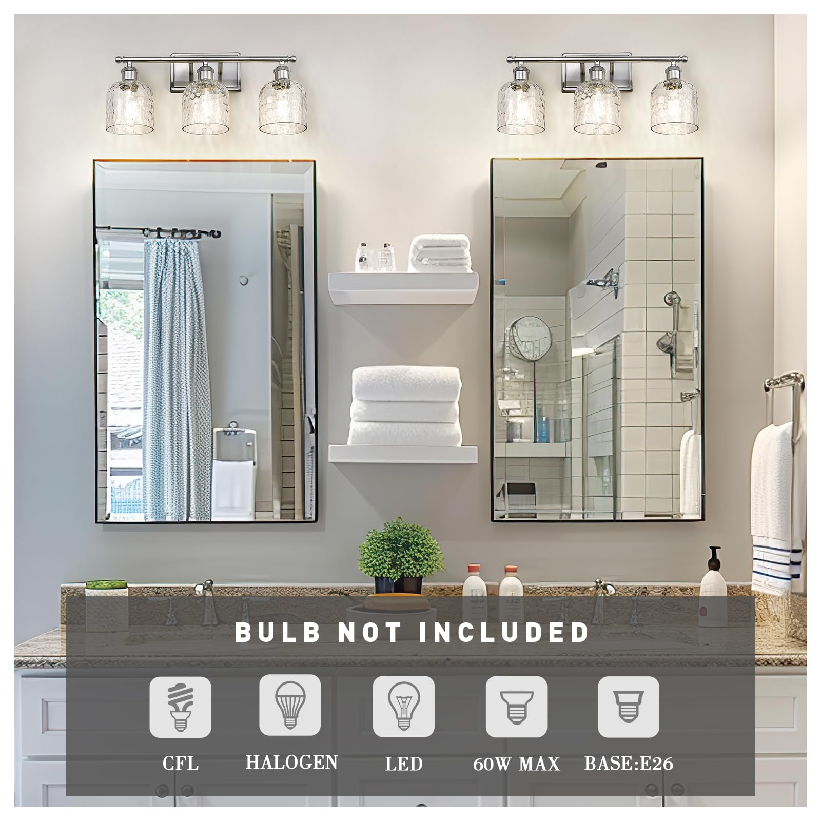 Zeyu 20.8'' Modern Bathroom Vanity Lamp, 3-Light Wall Mirror Light For Bathroom, Brushed Nickel Finish With Clear Hammered Glass