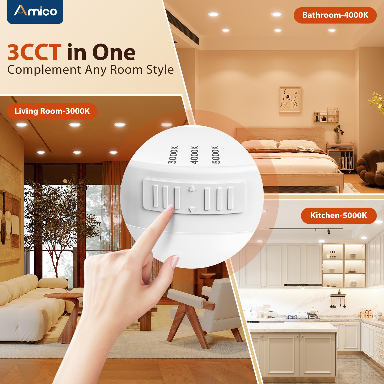 Amico 4 Inch 5CCT LED Recessed Lighting, Dimmable, Damp Rated, 12 Pack, White, Model TP120-RT4-DIM-E4-G1