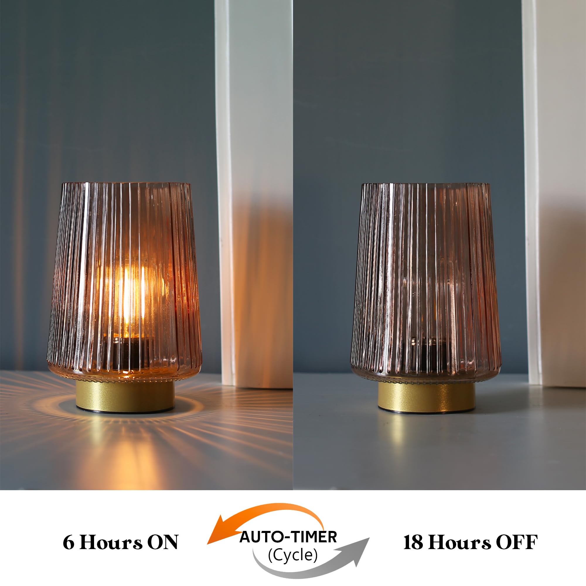 LUSHARBOR Battery Operated Table Lamp Set of 2, Amber Glass, Timer, Cordless Decorative Lamp for Bedside Living Room