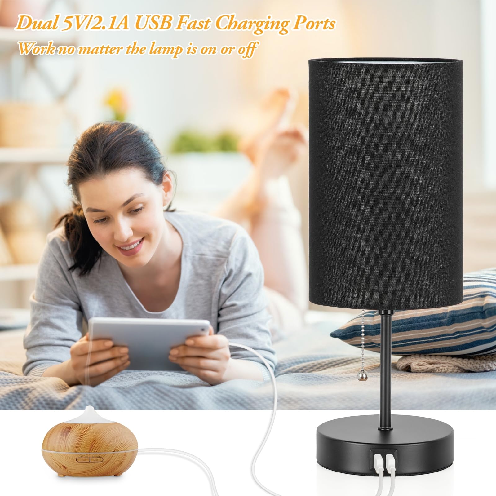 Set Of 2 Table Lamps With 2 Usb Ports, Bedside Lamps For Bedrooms, Modern Nightstand Lamps With Pull Chain, Minimalist Desk Lamp