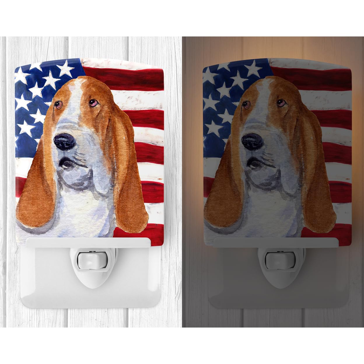 Carolines Treasures Ceramic Night Light, USA Flag & Basset Hound, UL-Certified, 6x4x3in, Multicolor, Model SS4013CNL