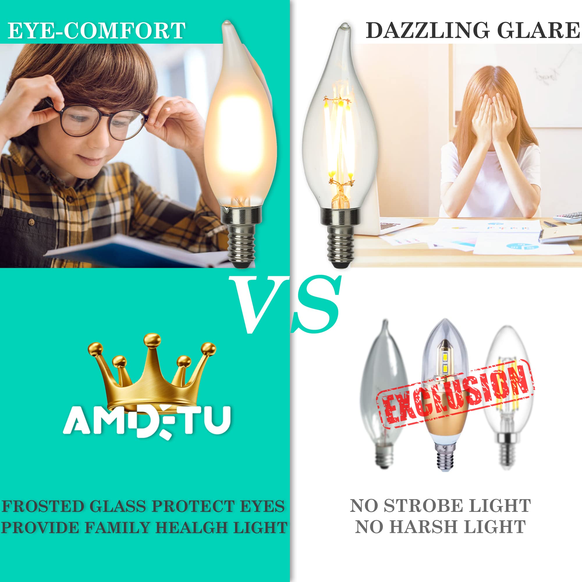AMDTU Candelabra LED Light Bulbs, Dimmable 40W E12, 2200K Soft Warm, Glass, 6 Pack