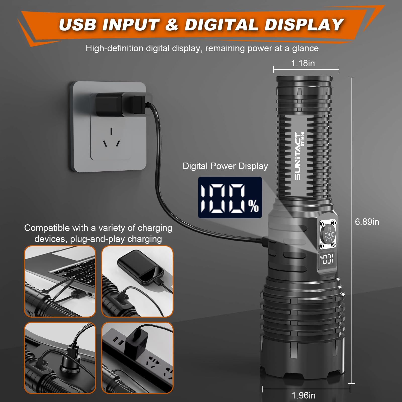 Sunitact Flashlight 2000 - Rechargeable LED, 5 Modes, Adjustable Focus, IP67 Waterproof, Black, Model US-ST1695