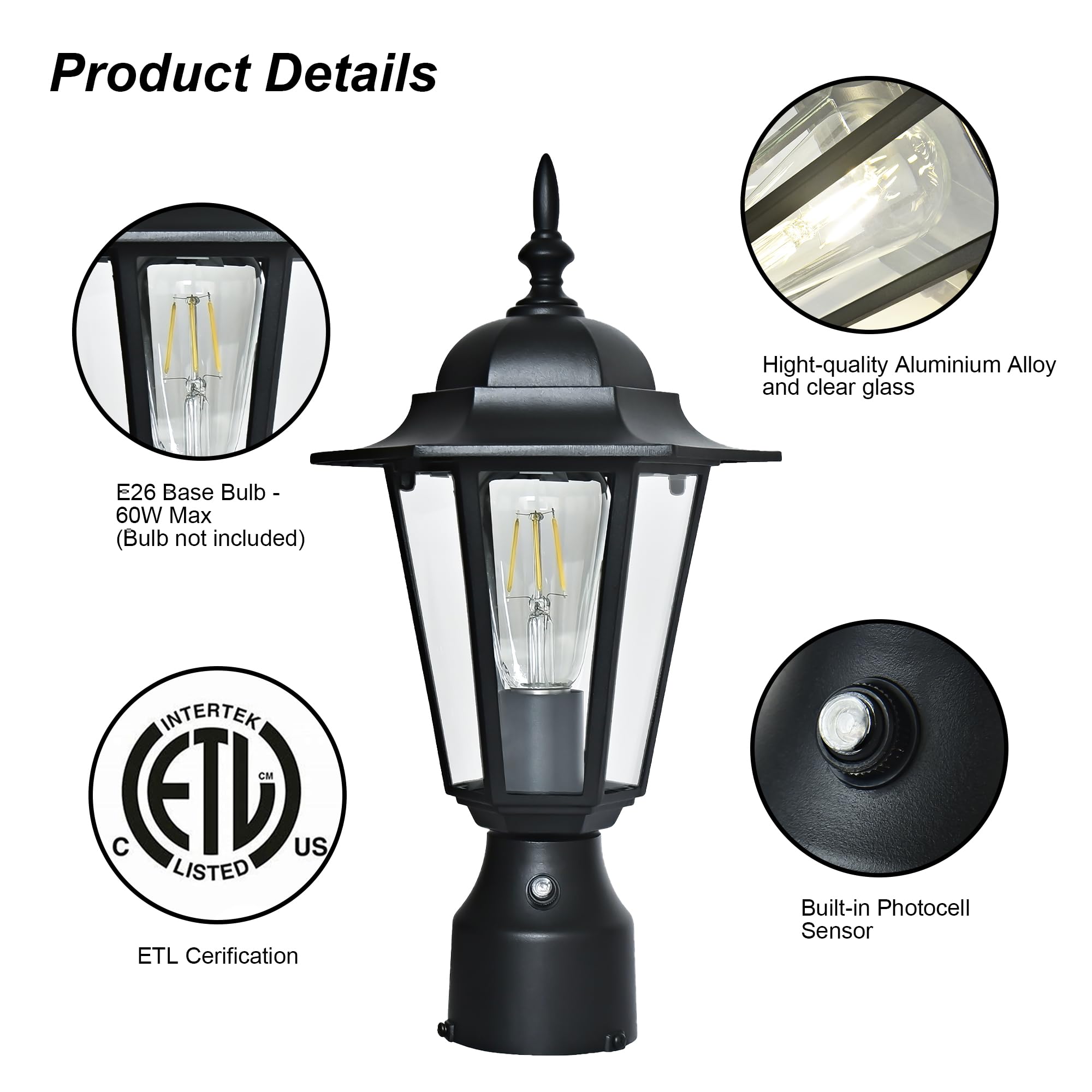Outdoor Post Lights, Dusk To Dawn Lamp Post Light Fixture With E26 Socket, Exterior Post Lantern With Clear Glass Shade, Pillar