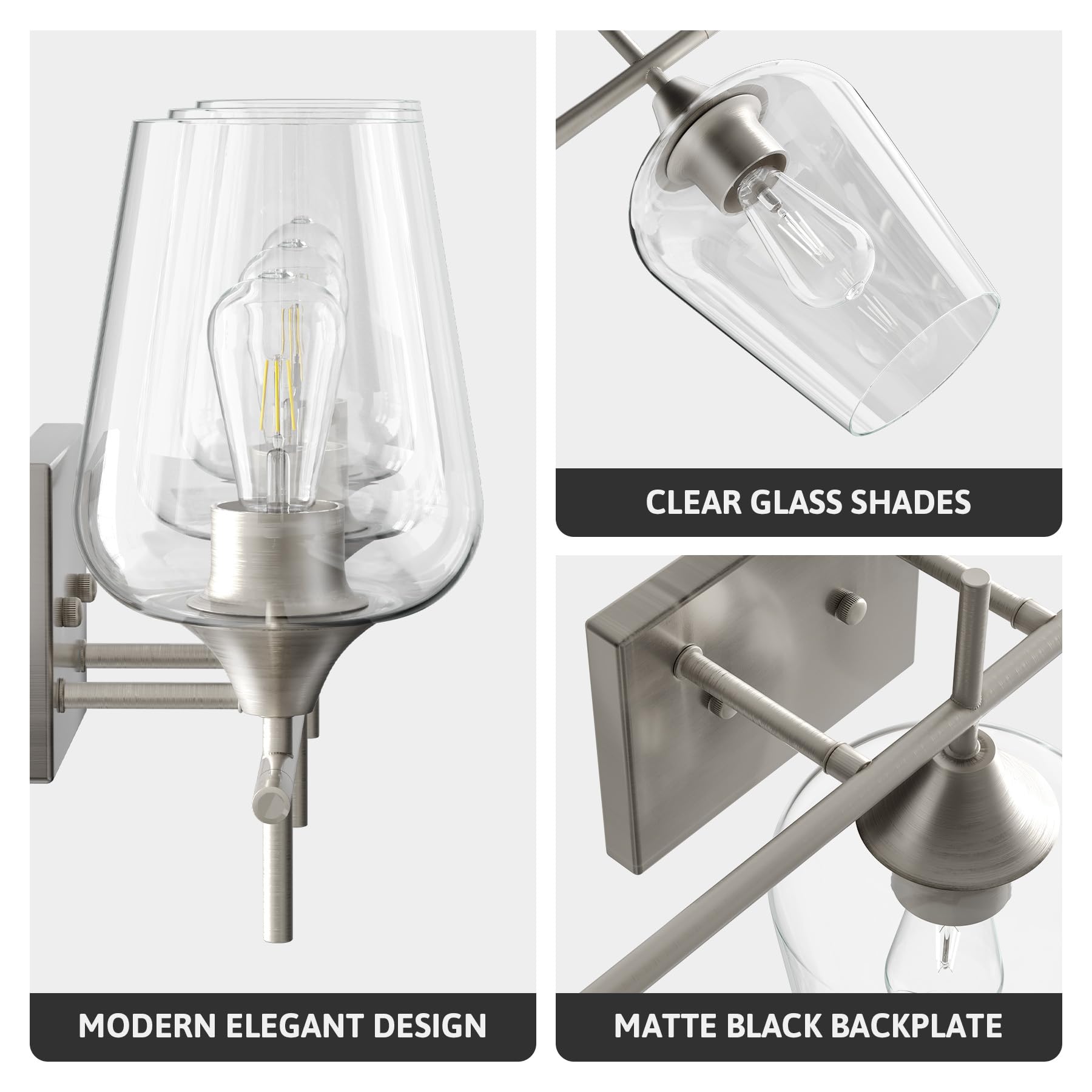 VONLUCE Bathroom Vanity Light Fixture, 3-Light, Modern Brushed Nickel, Clear Glass, Model HCF2803NIVONLUCE