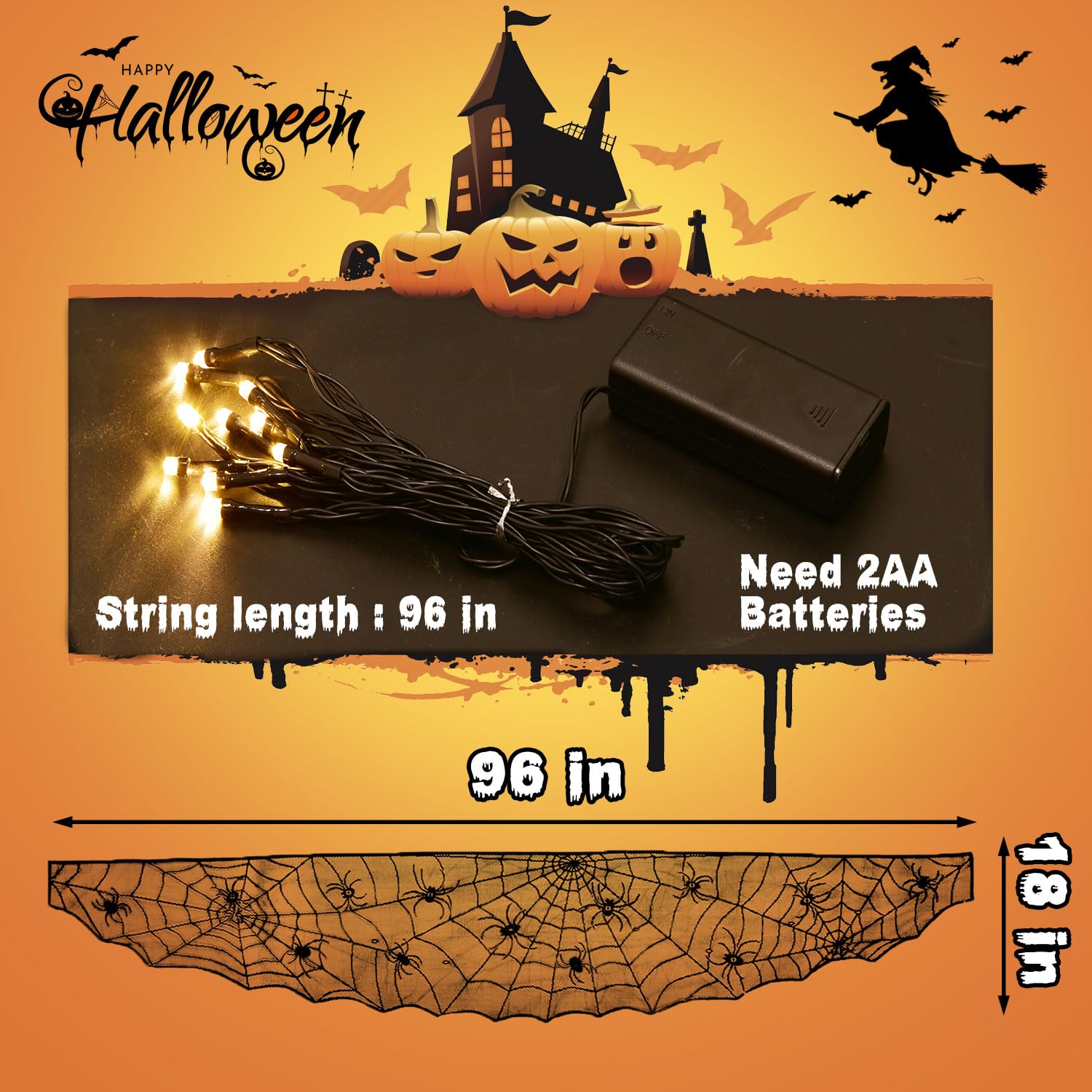 Fun Little Toys Halloween Decorations Indoor - Halloween Mantel With String Lights Lace Spiderweb Halloween Decor Inside For Home Party Supplies (18 X 96 Inch)