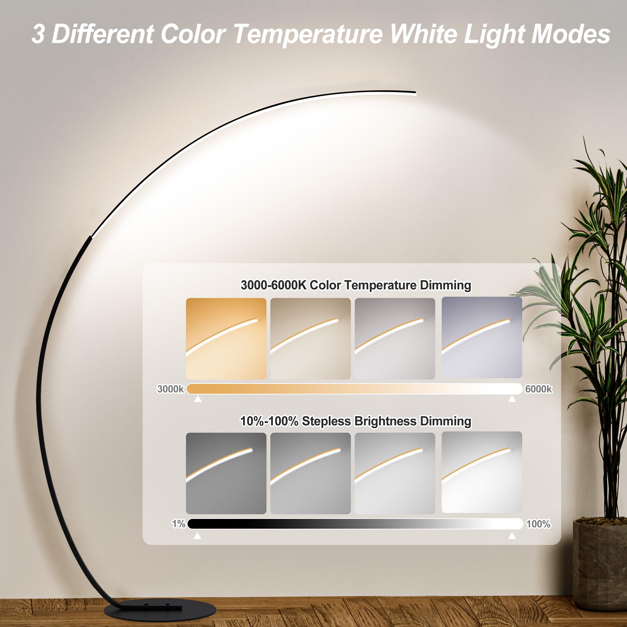 Adjustable White Light Modern 69.99 Inch Arched Standing Reading Floor Lamp With Remote - Dimmable Black Led Curved Light For Be