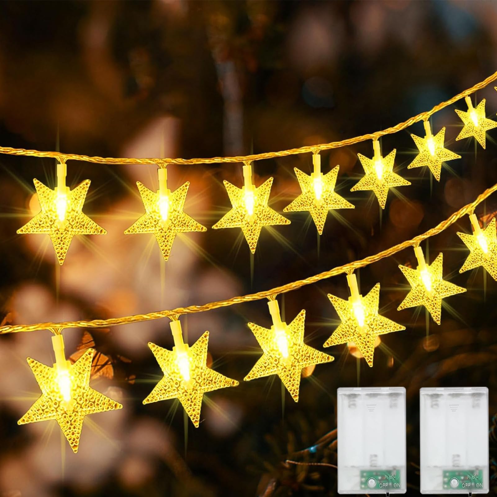 2 Pack Christmas Star Lights Battery Operated, Star Fairy Lights 26Ft 80 LED Twinkle String Lights Waterproof for Outdoor Indoor