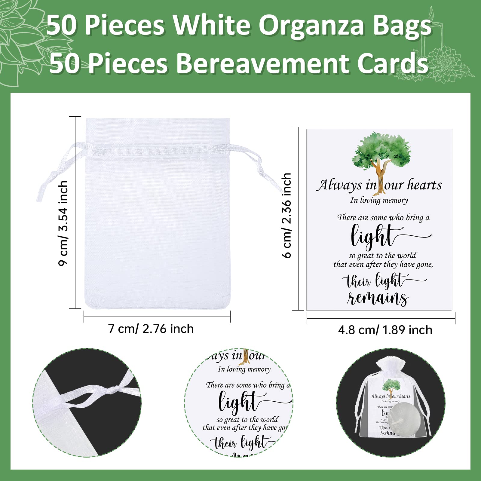 Coume 50 Set Unscented Tealight Candles - White with Condolence Cards & Organza Bags for Memorial Celebrations (Model SR-Coume-573130)