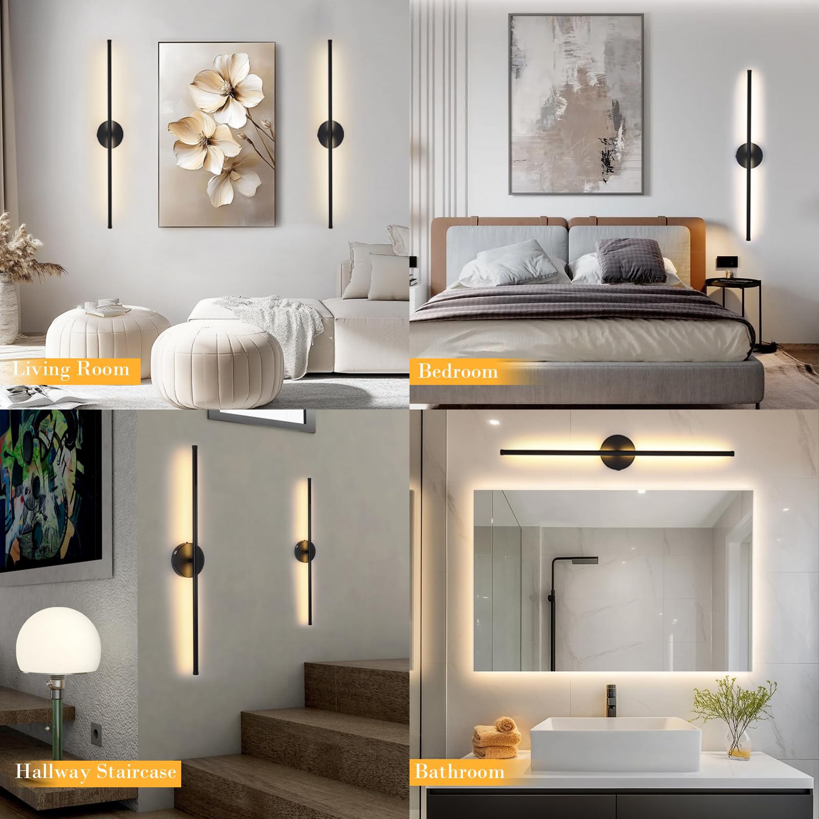 Tropwellhouse Battery Operated Wall Sconces Set of Two, USB Rechargeable, Dimmable LED, 28.3Inch, Black, Model 0112B