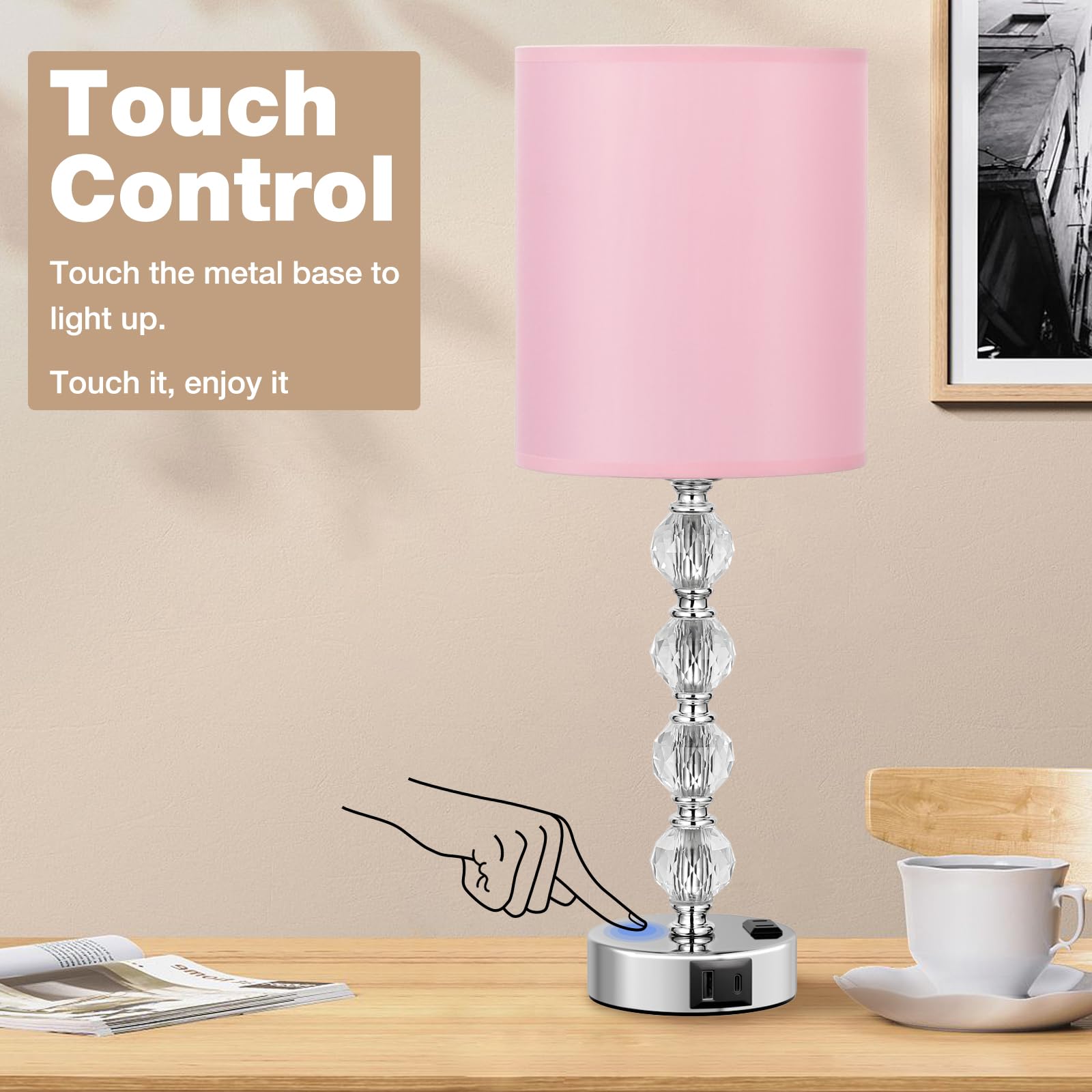 Acaxin Touch Bedside Crystal Lamp, 3-Way Dimmable, 18.5in, USB C+A Charging Port, AC Outlet, Pink, Model ACA-TL-Mini4