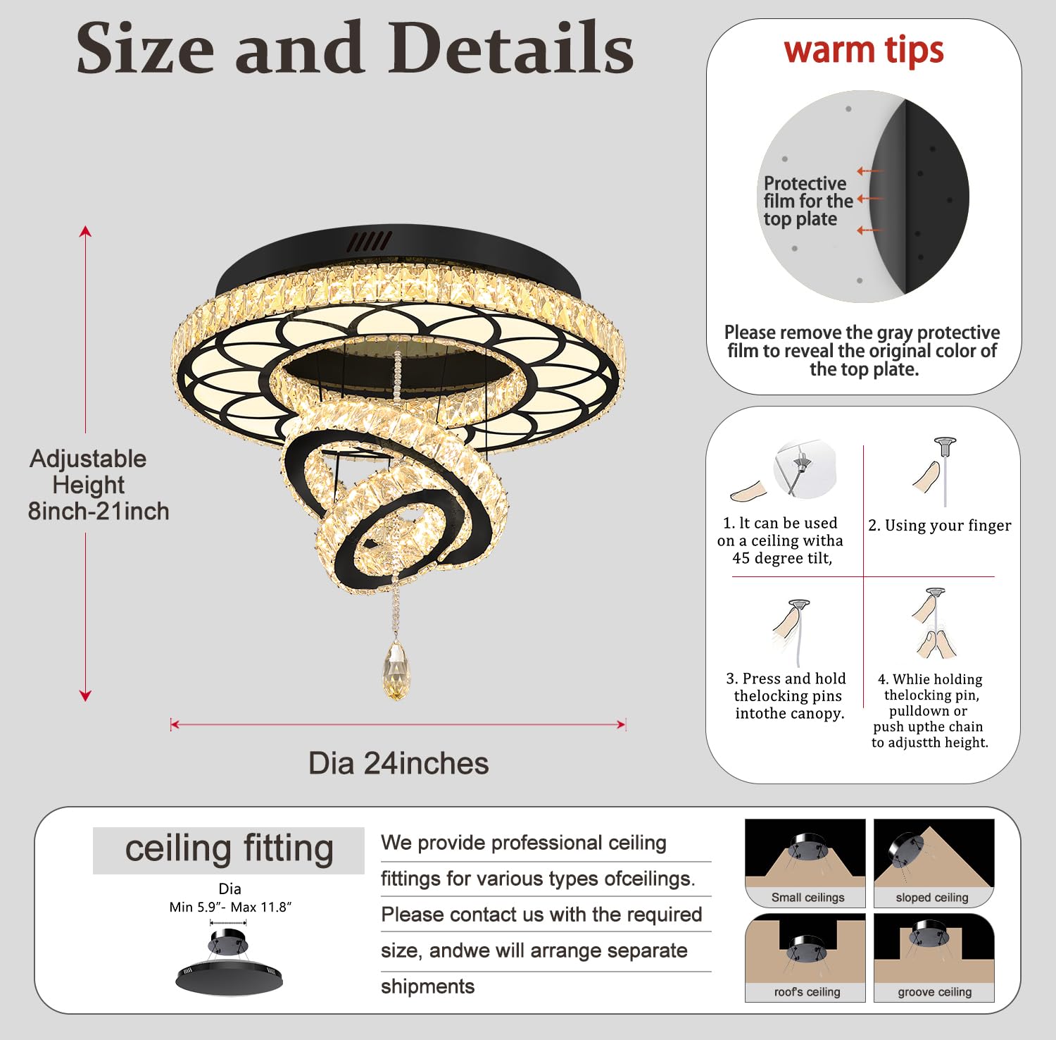 Flashing God 24" Crystal Chandelier LED Flush Mount Ceiling Light - Black, Dimmable 2700k/4500k/6000k, Model MMQ0268-60-H