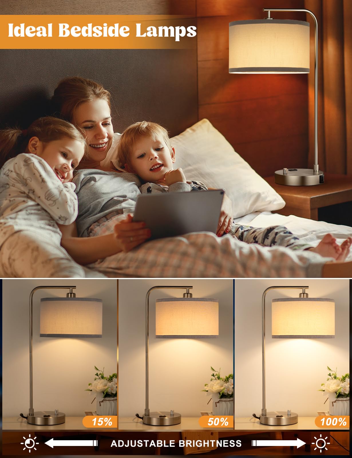 Innqoo Gray Side Table Lamp with USB Port, Dimmable, Fabric Shade, 11.6x20.7 inches, Silver Base, Ideal for Bedroom and Home Office