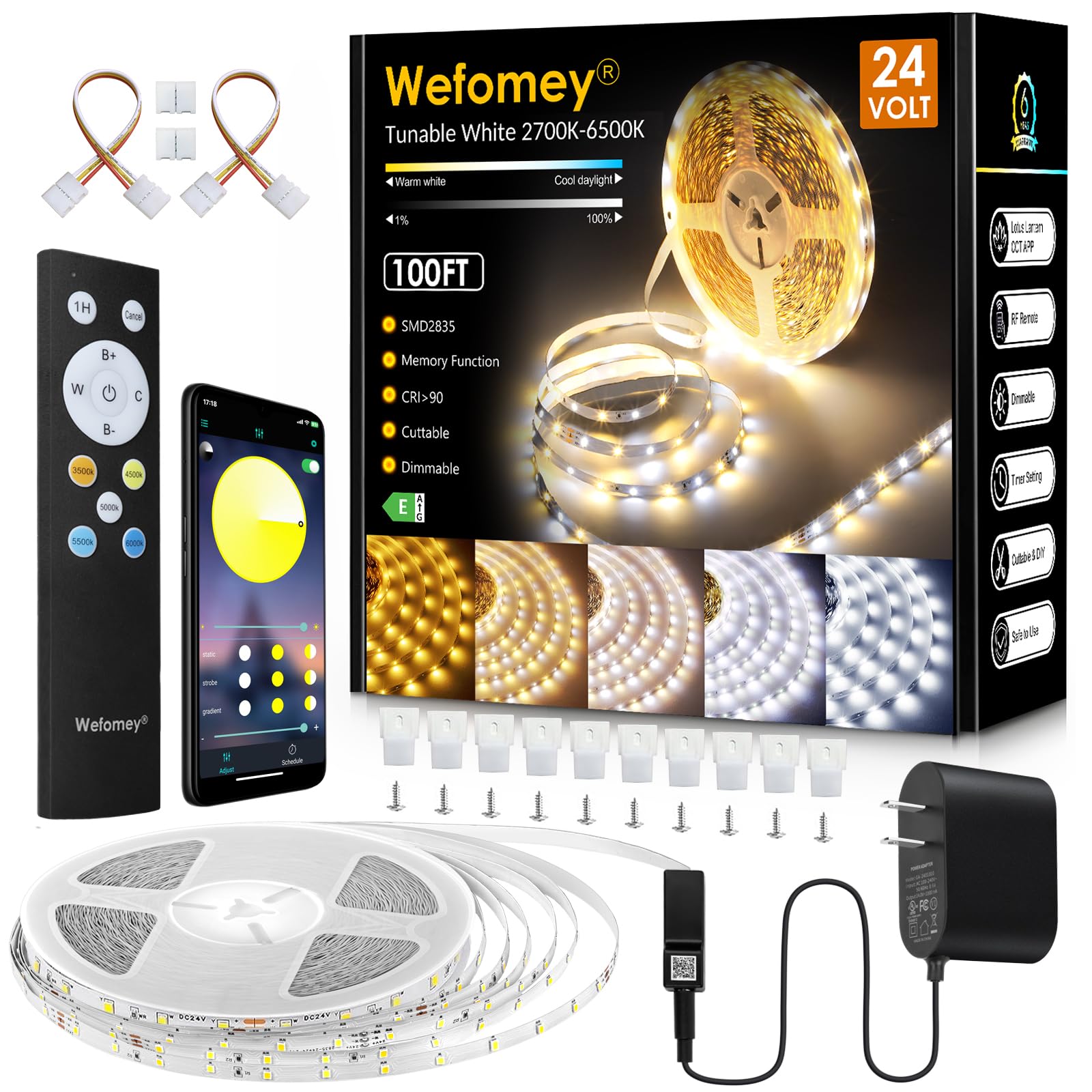 Wefomey 100Ft Dimmable Led Strip Lights, 2700K-6500K Tunable White, Remote &