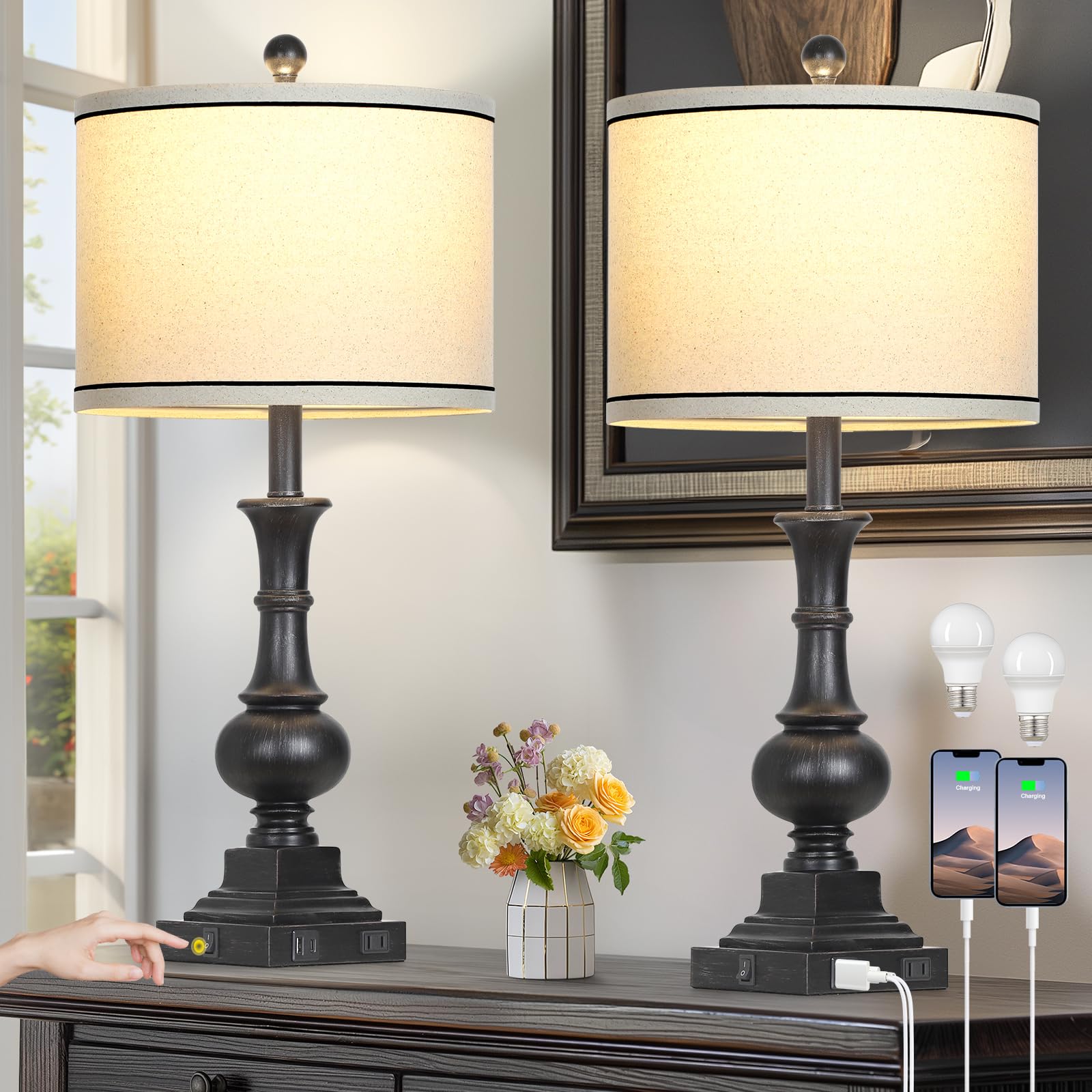 Farmhouse Lamps Set of 2, Antique Vintage Rustic Touch Control Table Lamps with USB A+C Ports & AC Outlet, Retro Classic Bedside