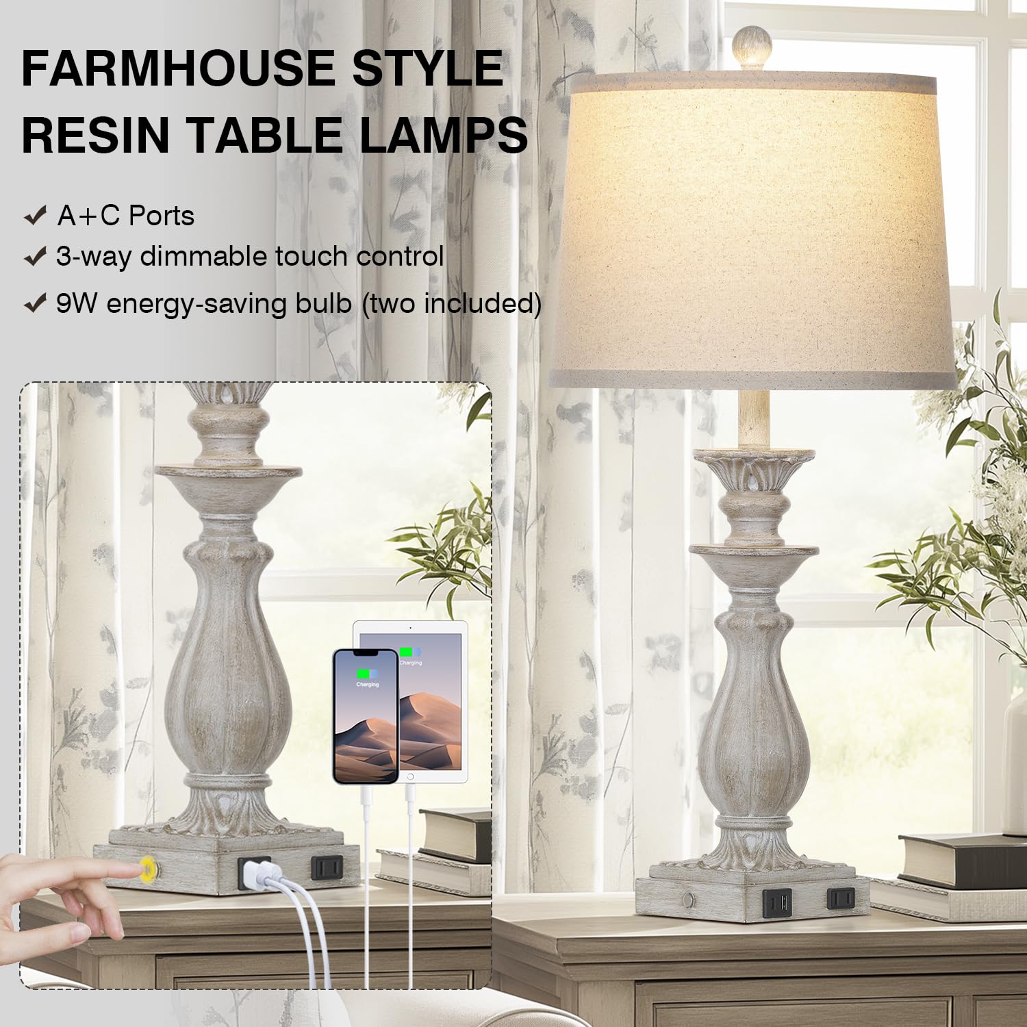Rinweey 28" Farmhouse Table Lamps Set of 2, 3-Way Dimmable Touch, USB Ports, Gray Resin Nightstand Lamps