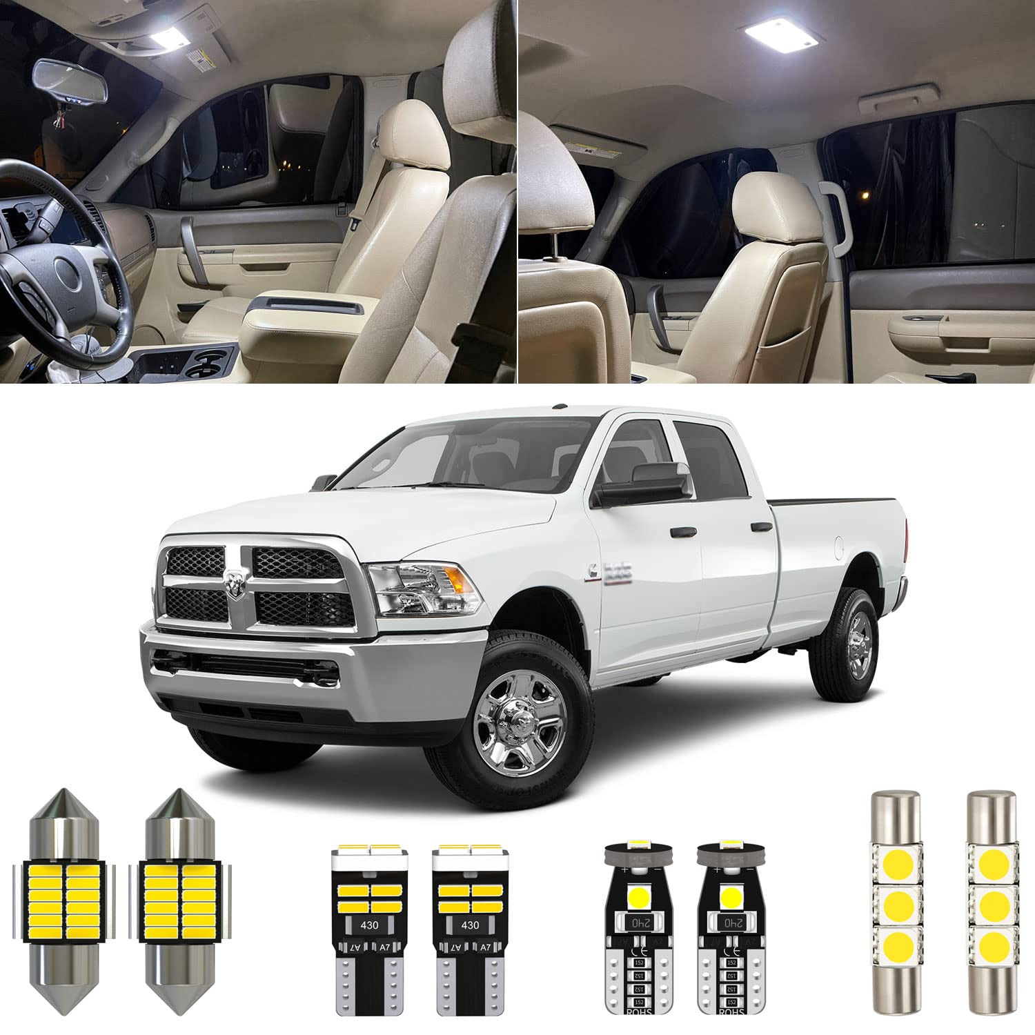 Xpismii 12 Piece 6000K White Ram Interior LED Light Kit Package Replacement for 2009 2010 2011 2012 2013 2014 2015 2016 2017 2018 Dodge Ram 1500 2500 3500, with Placement Diagram and Install Tool