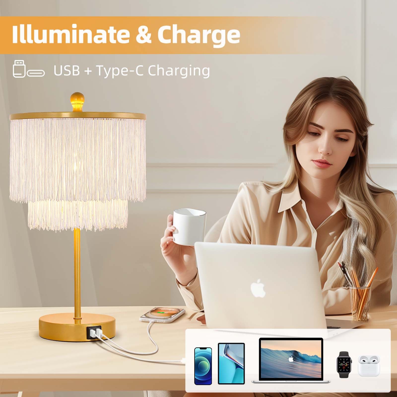 Lovlast Bedside Lamps Set of 2, 3-Way Dimmable Touch with USB Port, White, Model T4564-A