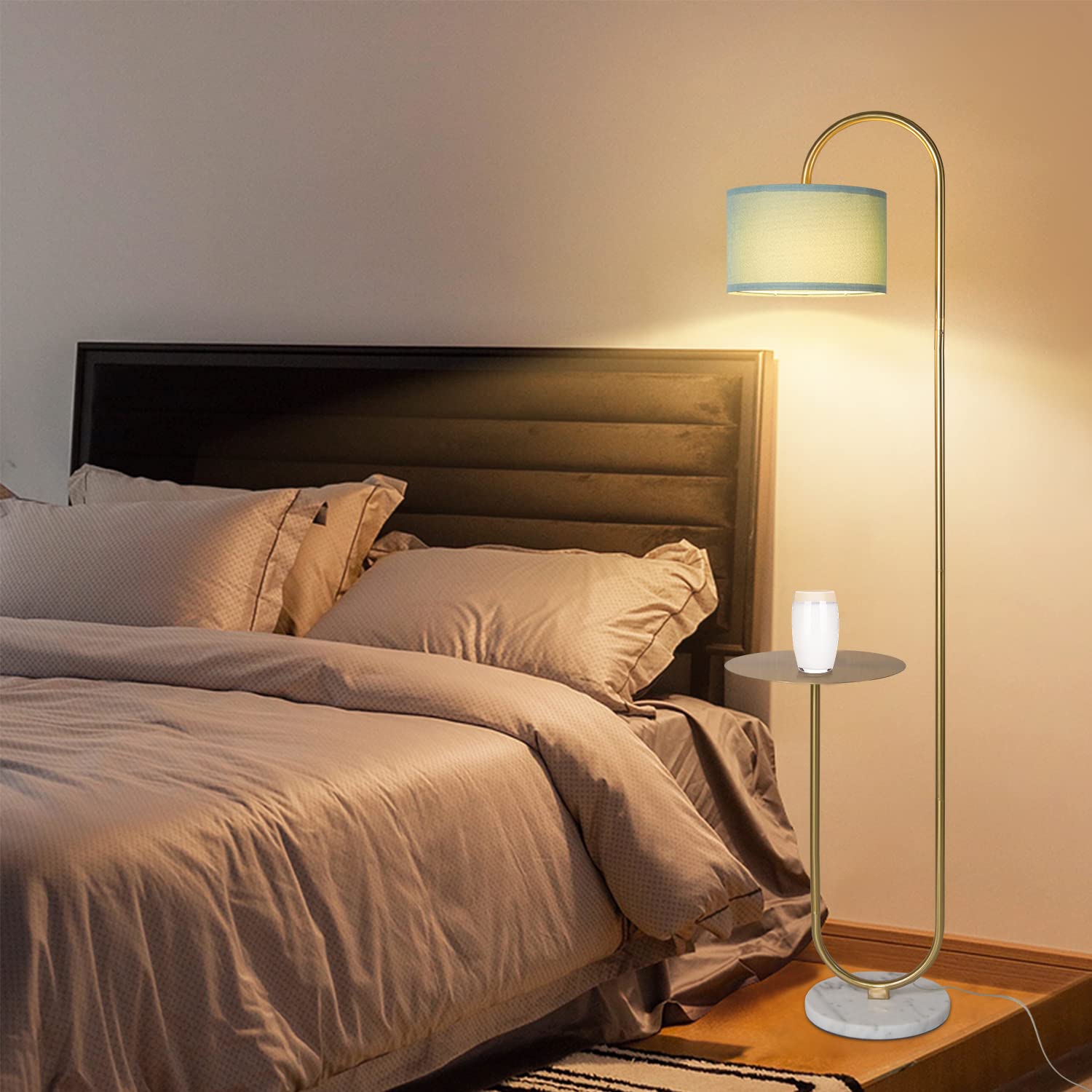 Hsyile Ku300272 Arc Floor Lamp With Hanging Drum Shade For Living Room-Marble Base Modern Tall Stand Up Light With Table, Contem