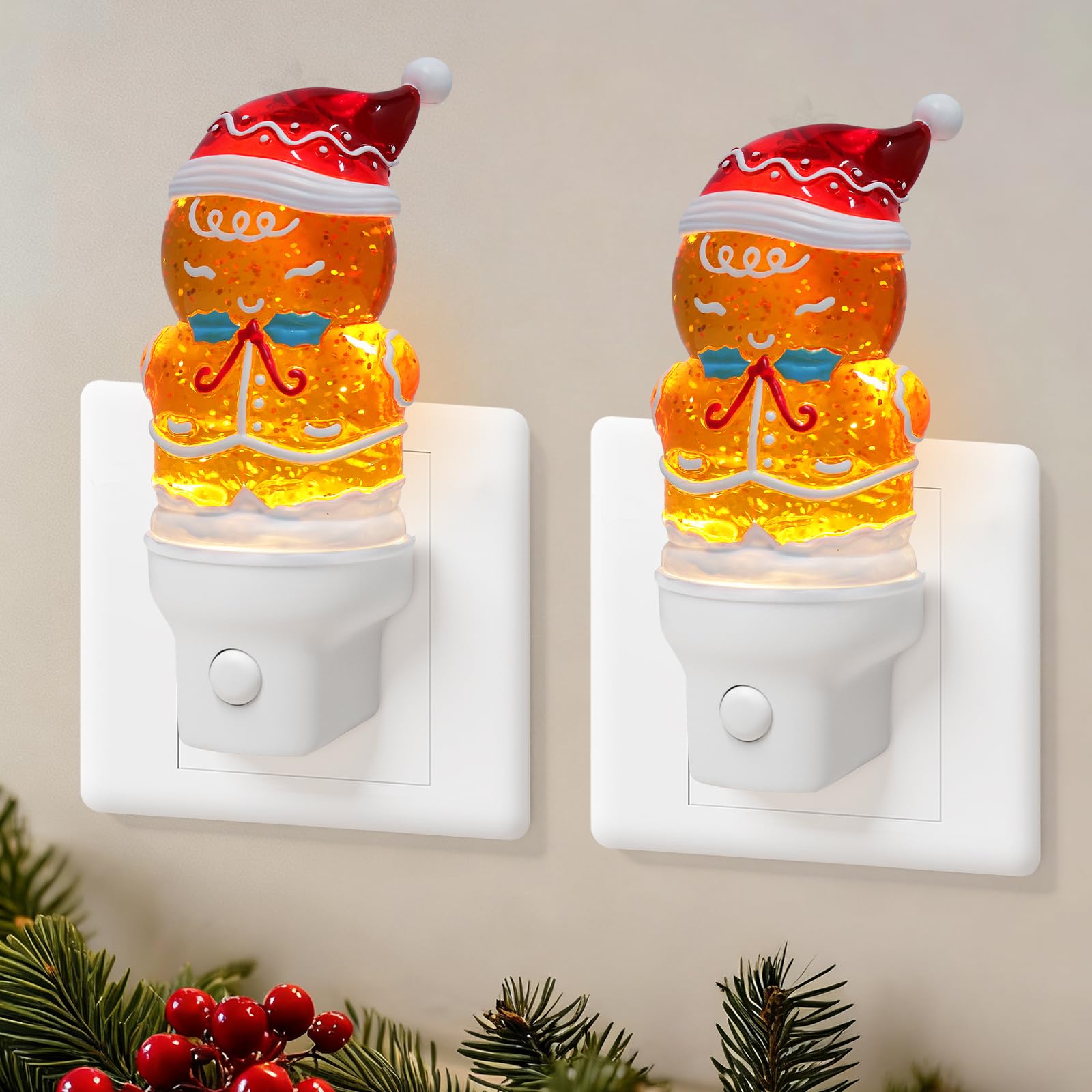 2 Pack Christmas Night Light Plug into Wall Glitter Water Nightlight with USB/Outlet Options  Christmas Gingerbread Decorative Nightlight for Bedroom Kitchen Holiday Decorations Gifts (Gingerbread)