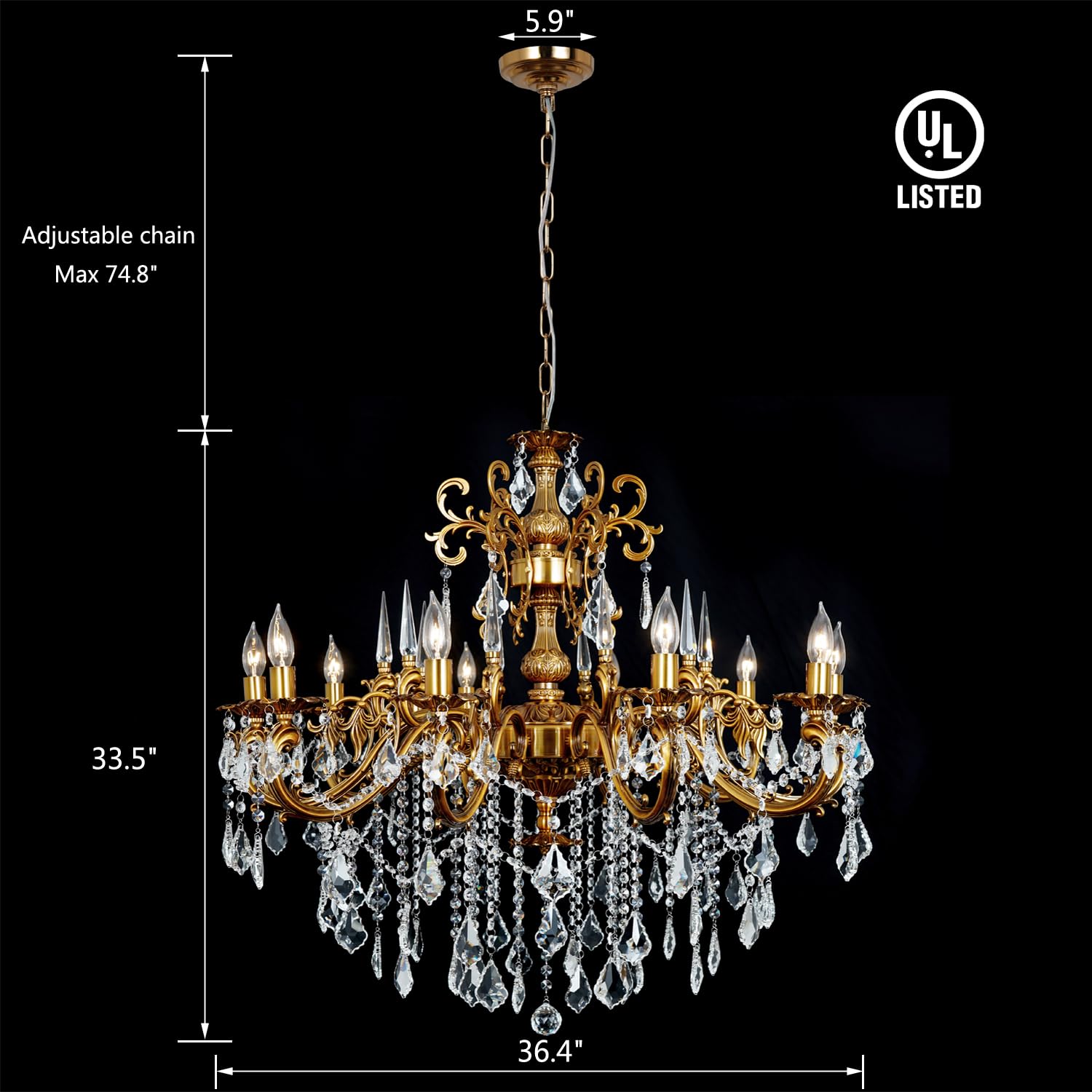 Akeelighting Antique Bronze Chandelier, 10-Light Crystal Fixture, 36.4" for High Ceilings, Vintage Gold Finish