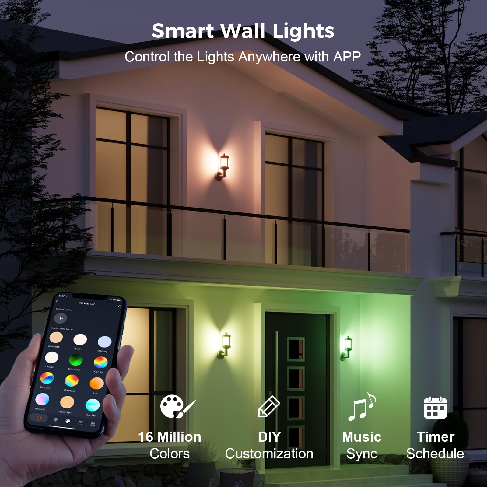 XMCOSY+ Outdoor Wall Lights - 1100LM Smart Porch Sconce, WiFi Control, IP65 Waterproof, 2 Pack, Black, Model XMWLC