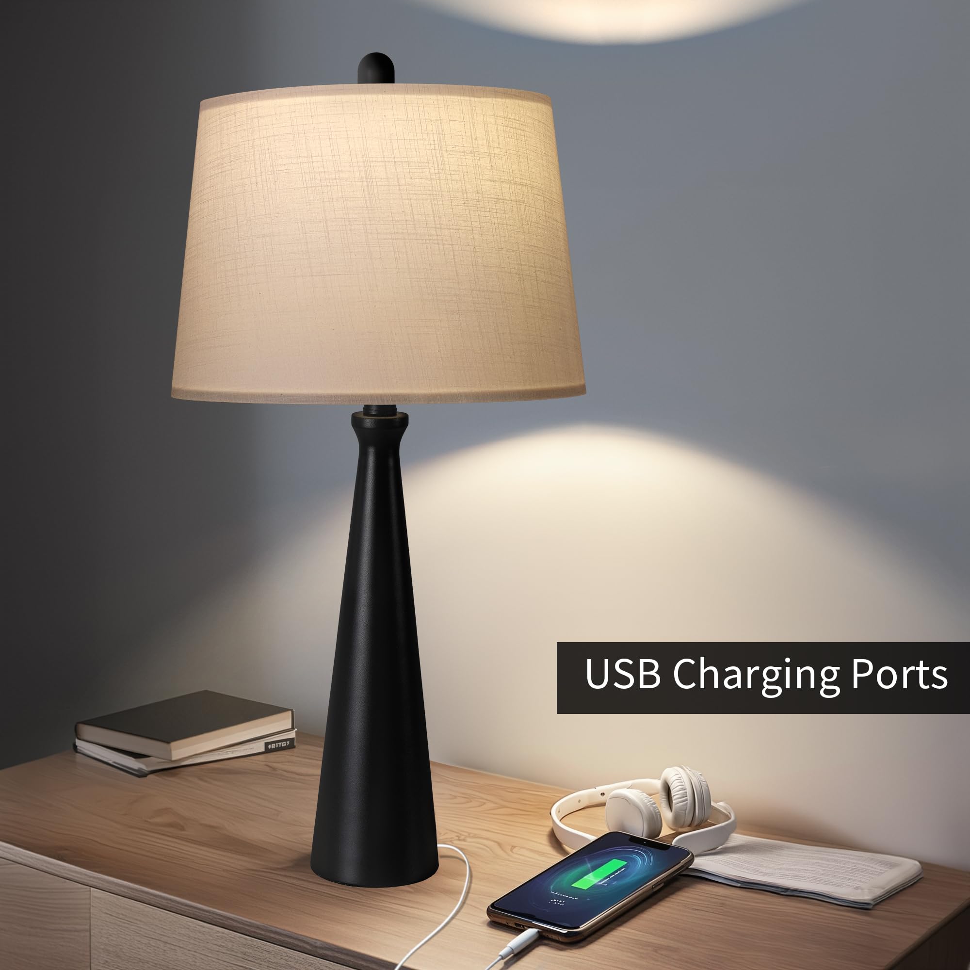 Oneach 25.75'' Modern Table Lamp Set Of 2, Bedside Lamps With Usb Ports, Black Nightstand Lamps Set For Living Room Bedroom Hous