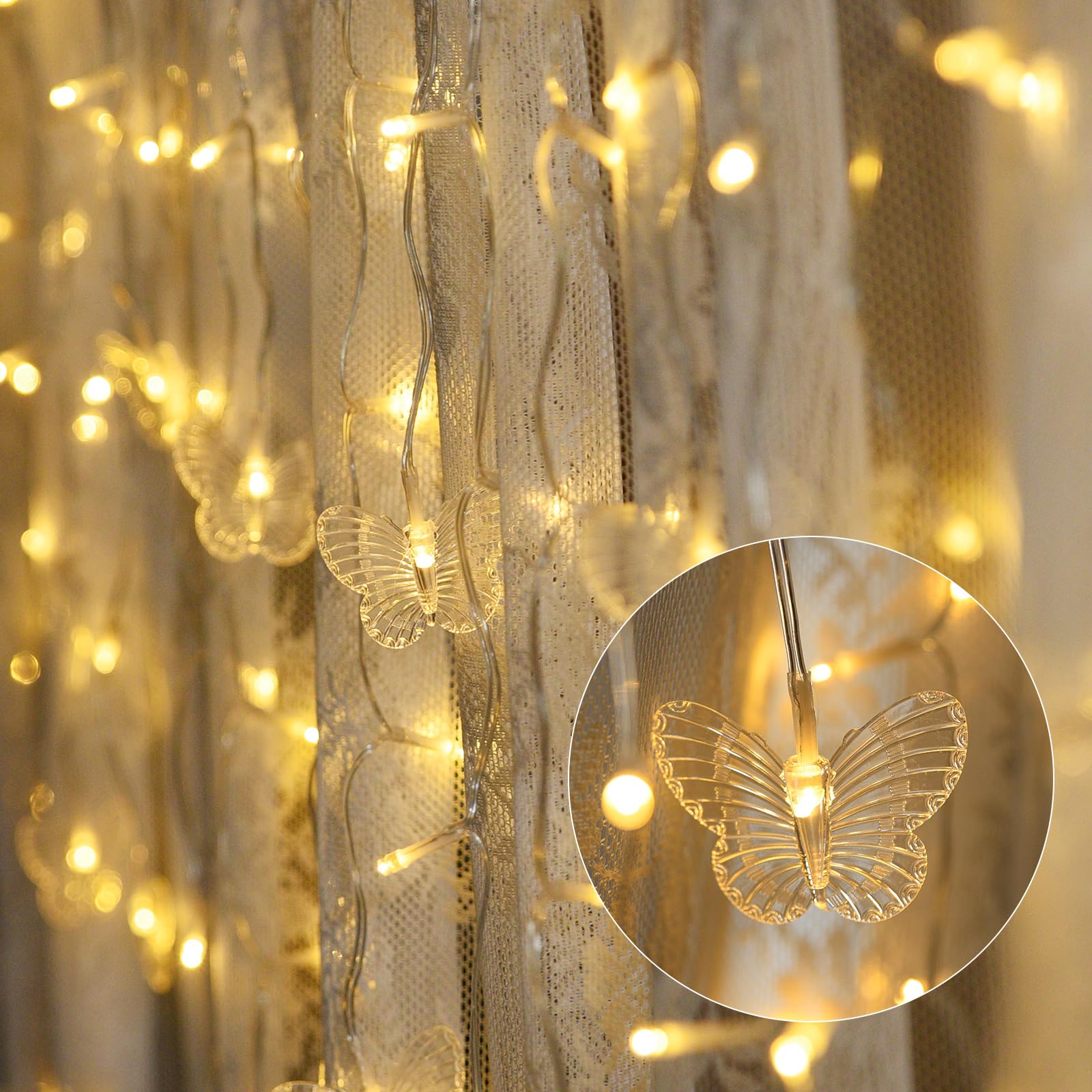 Dailyart Butterfly String Lights, 98 Led 15.9Ft Butterfly Curtain Lights 8 Modes Usb Power With Remote Control Butterfly Decorations For Bedroom, Room, Wall, Party, Ceiling, Wedding, Christmas