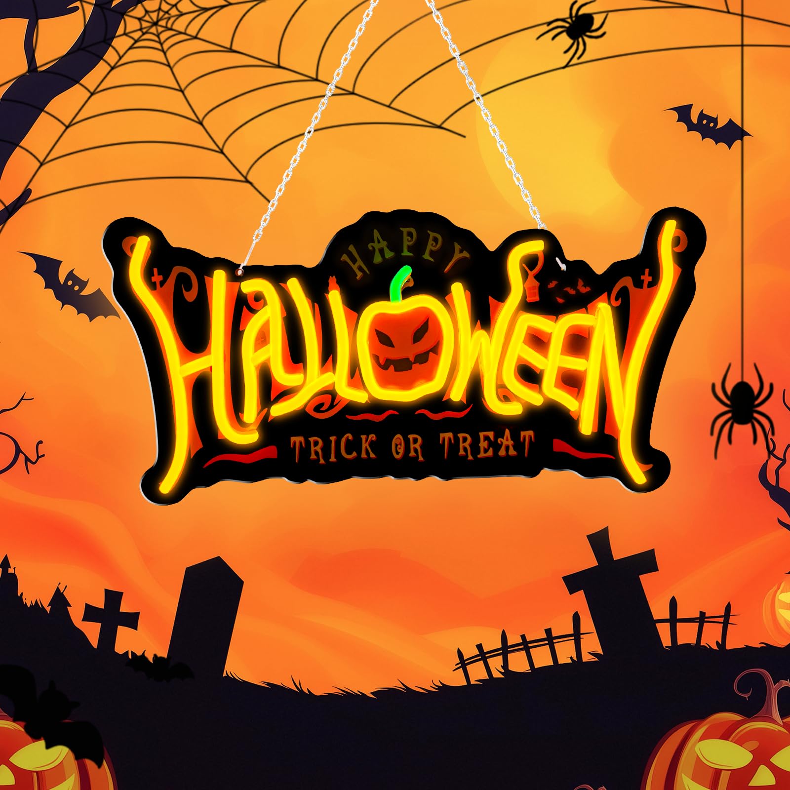 Kraftzoo Neon Pumpkin Sign, USB Powered, 6 Brightness Levels, Black + Orange, Model LE003A, Halloween Wall Decor