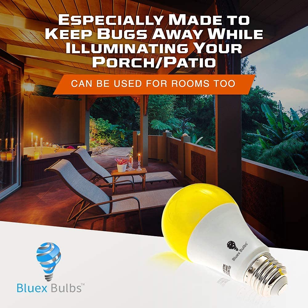 Bluex 4-Pack A19 Amber Yellow Led Bug Light Bulb - No Blue Light, 650 Lumens, 120V E26 Medium Base, 9.5-Watt (60-Watt Replacemen