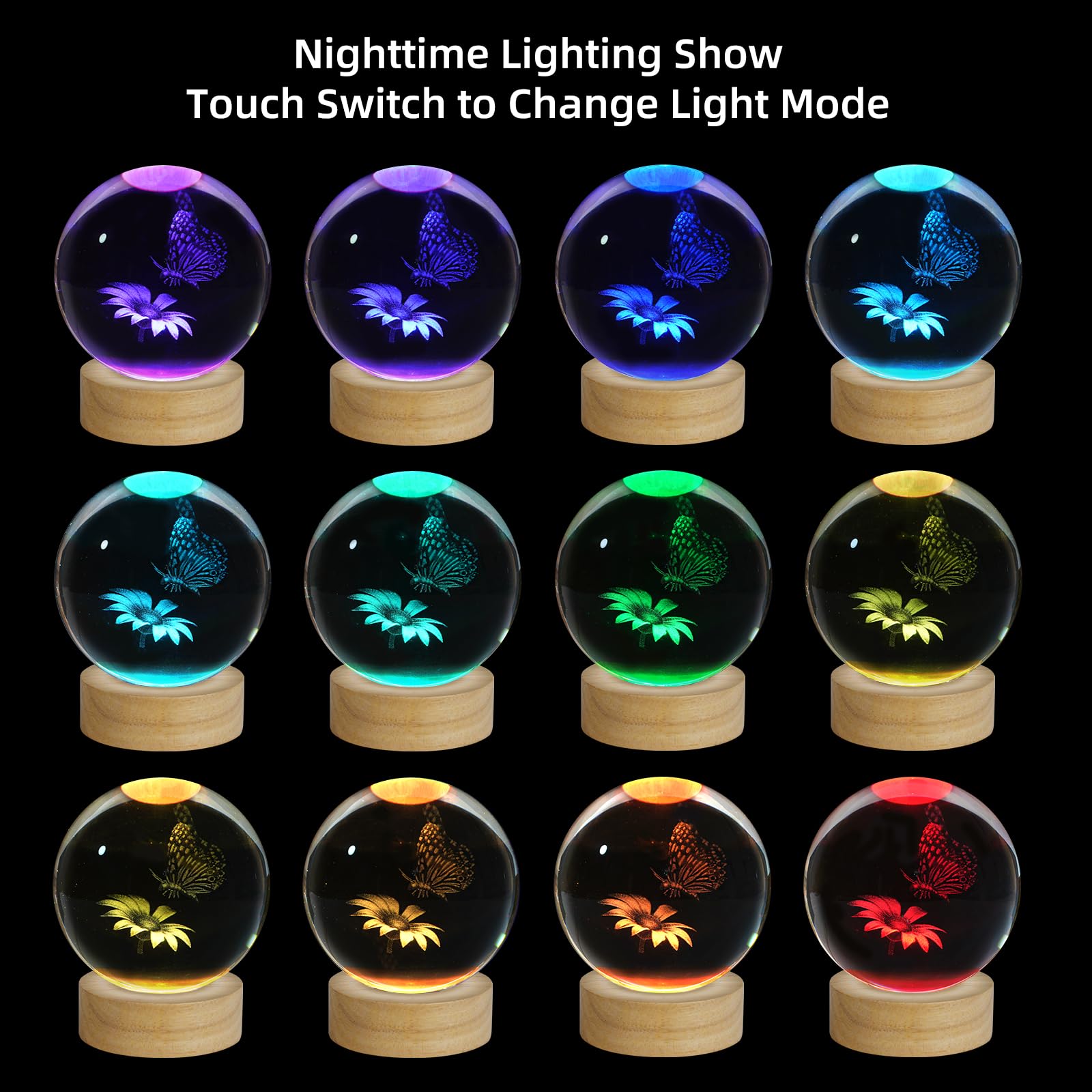 Zxblaq 3D Butterfly Crystal Ball Night Light, Upgraded 3.15 Inch Glass Ball Lamp With 16 Color Led Wooden Base, Butterfly Lamp B