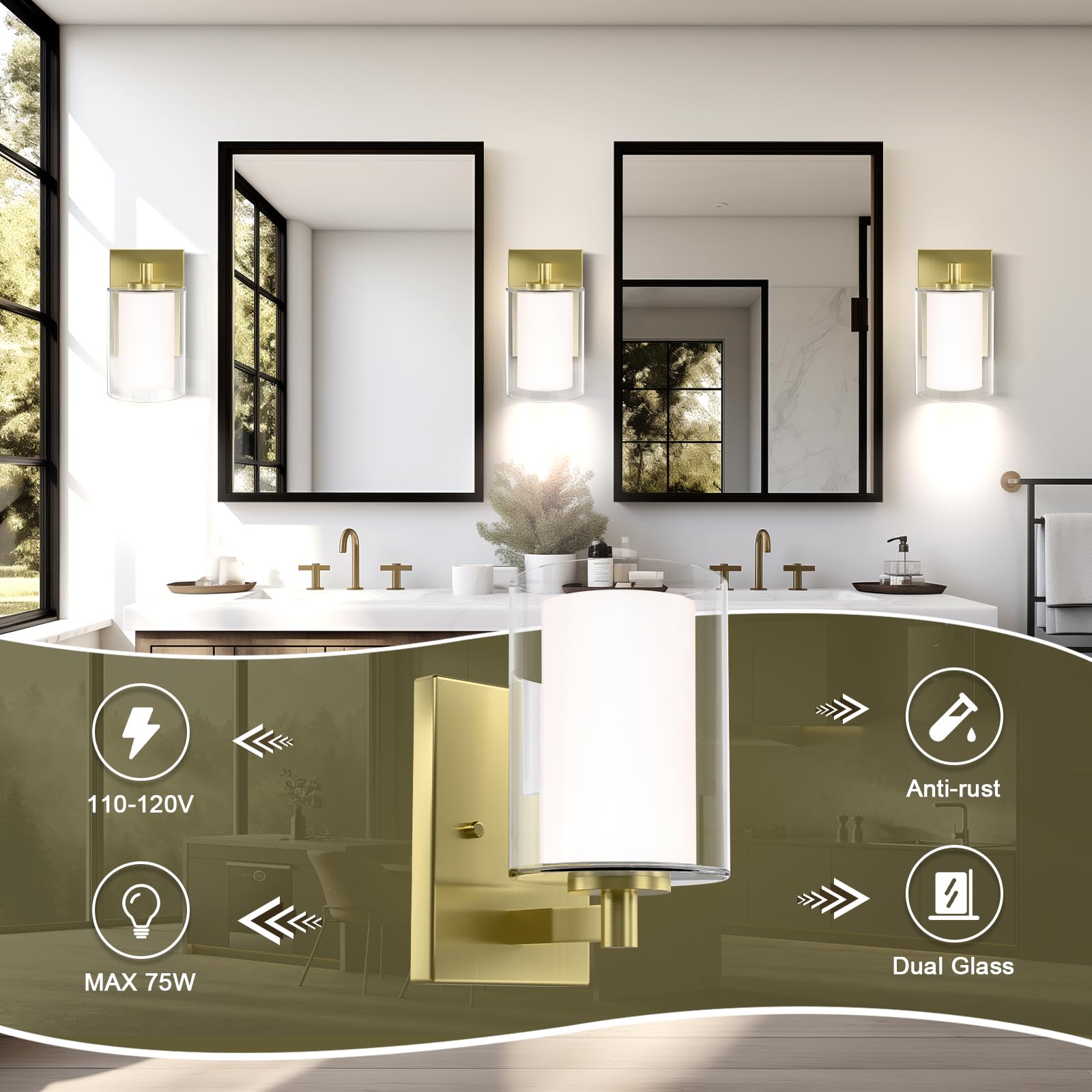 Bathroom Wall Sconces Set Of 2 Gold Double Clear Glass Shade Modern Vanity Lights Indoor Farmhouse Wall Light For Bedroom Living Room Hallway Bulb E26 Base (Bulbs Not Included)