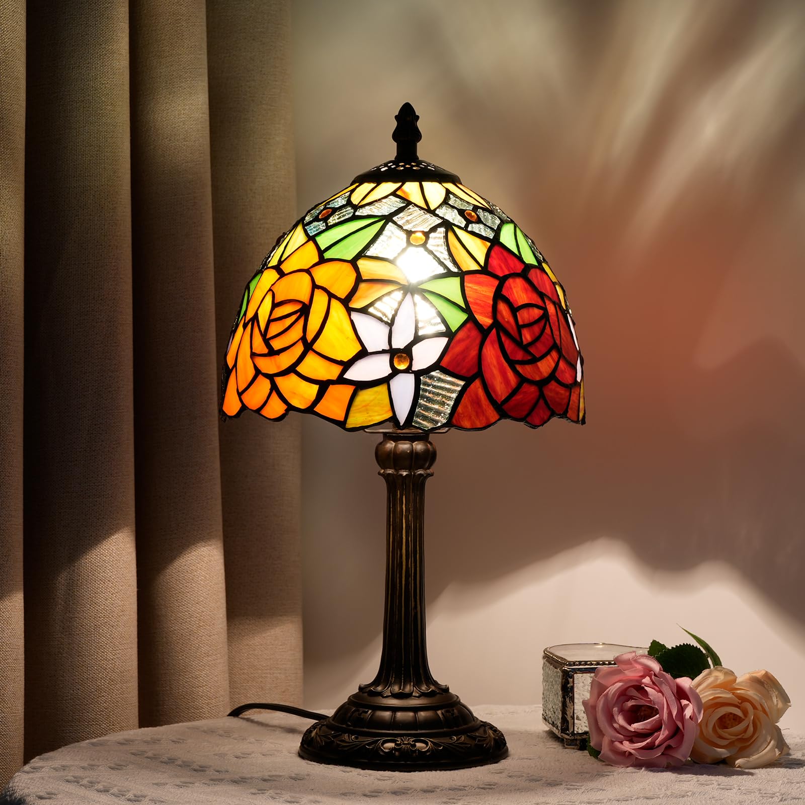 Wecrejoni 8 Inches Stained Glass Table Lamp Gorgeous Rose Tiffany Style Bedside For Desk Reading Light Bedroom Dorm Living Kitch