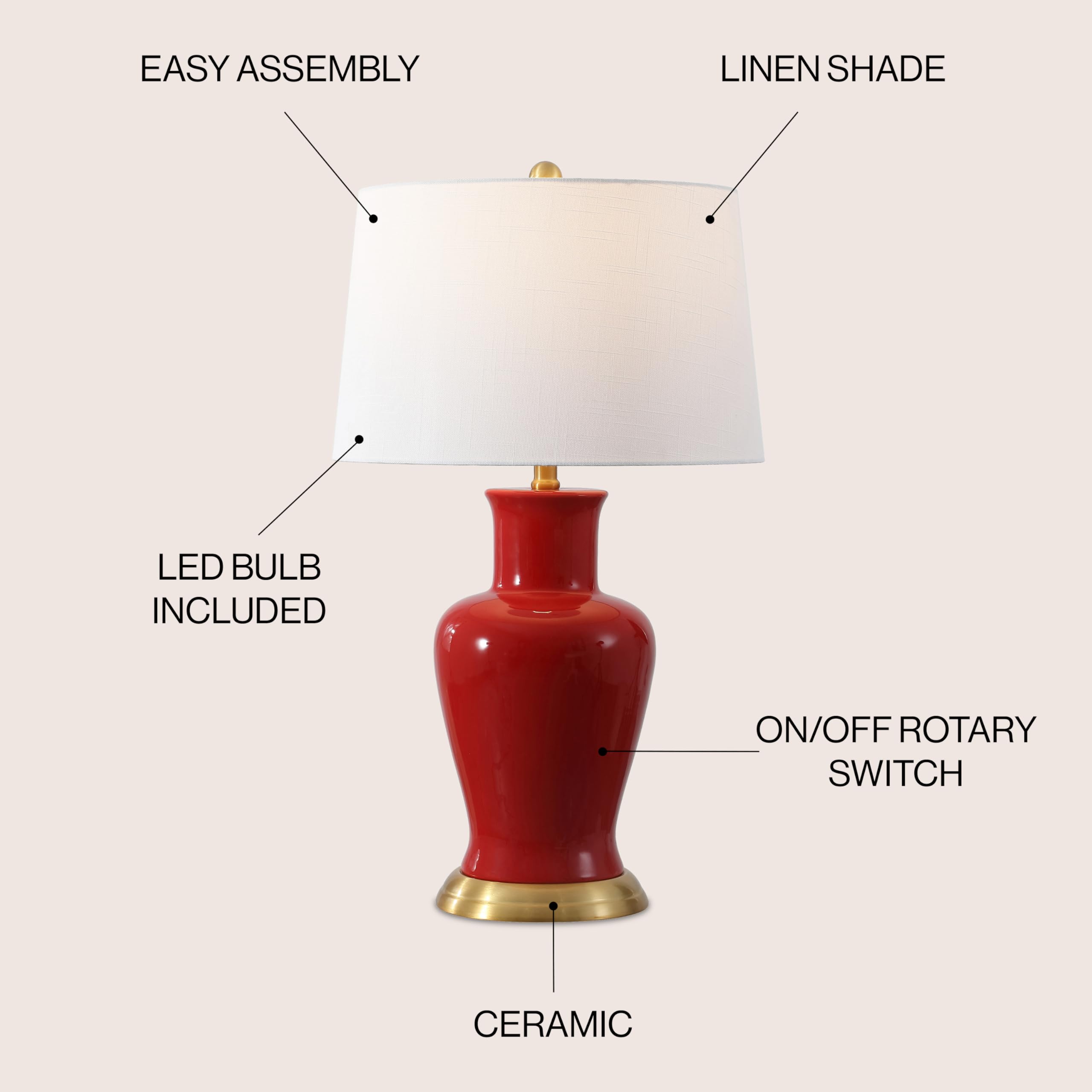 Jonathan Y Jyl4026G Julian 29'' Traditional Classic Ceramic Urn Led Table Lamp, Red For Bedroom, Living Room, Kitchen, Home Offi