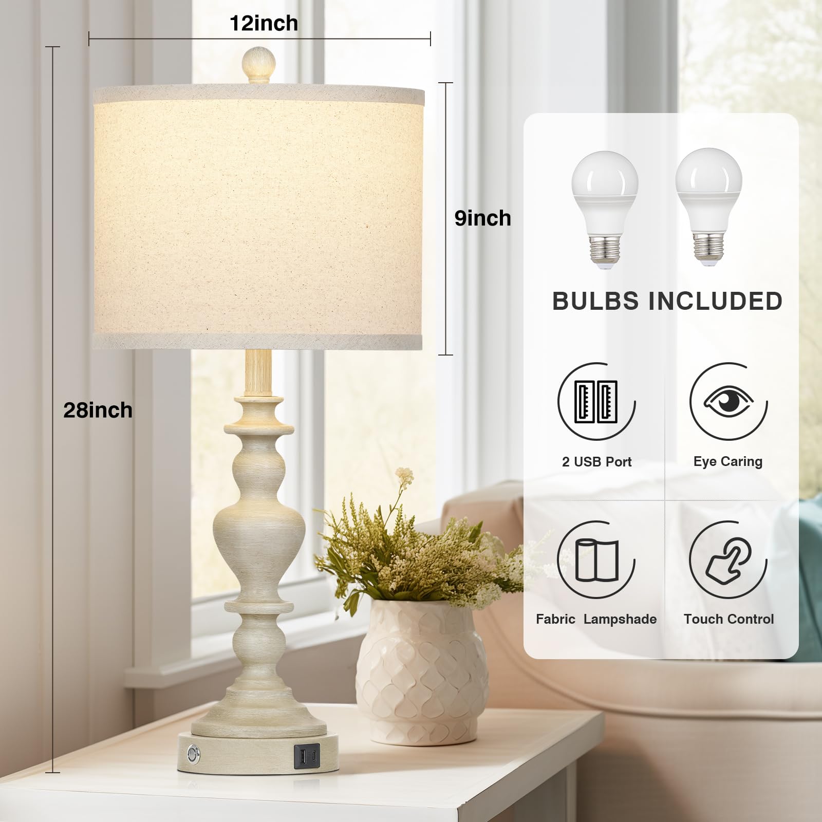 Lolikit 27" Farmhouse Table Lamps Set of 2, USB Ports, Dimmable, Vintage Rustic Design, Washed Beige, Ideal for Living Room and Bedroom