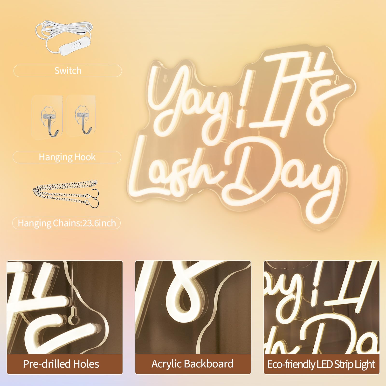 Jedaemen Yay It'S Lash Day Neon Signs For Wall Decor Warm White Led Light Sign For Girls Beauty Makeup Room Decor Light Up Sign For Birthday Party Lash Salon Decoration Usb Powered