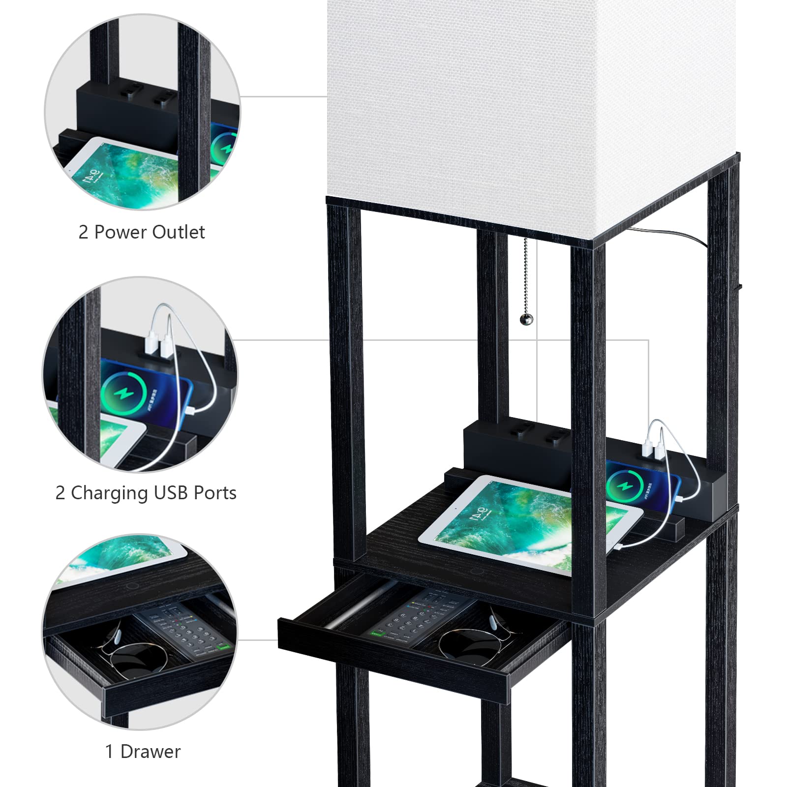 SUNMORY Modern Dimmable Floor Lamp with Shelves, 1 Drawer, 2 USB Ports, Black