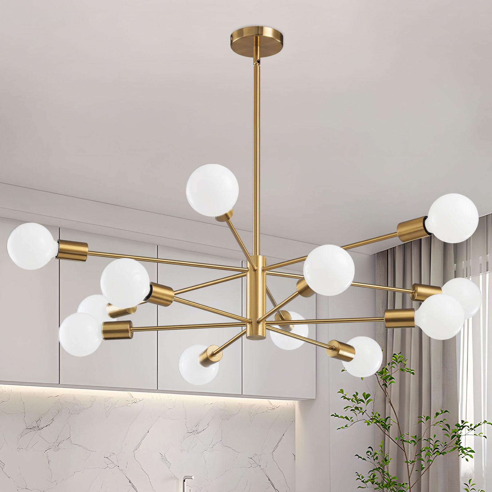 RUIYEY Modern Sputnik Chandeliers Light, 12-Light Gold Gold Dining Room Chandelier Over Table, Height Adjustable Industrial Semi